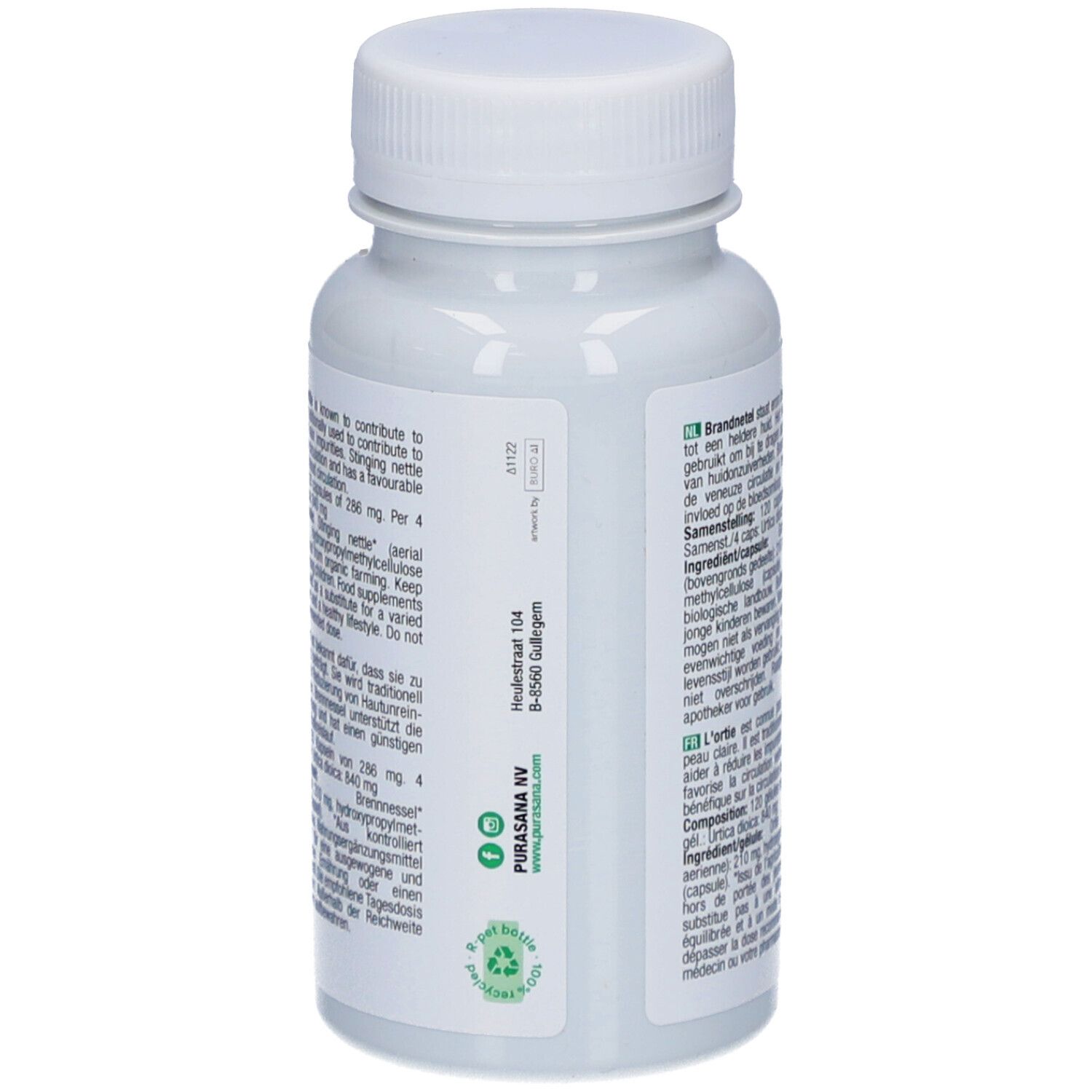 Rückseite der Flasche mit Produktinformationen. Text in Niederländisch und Französisch. Bio-Siegel und Vegan-Siegel.