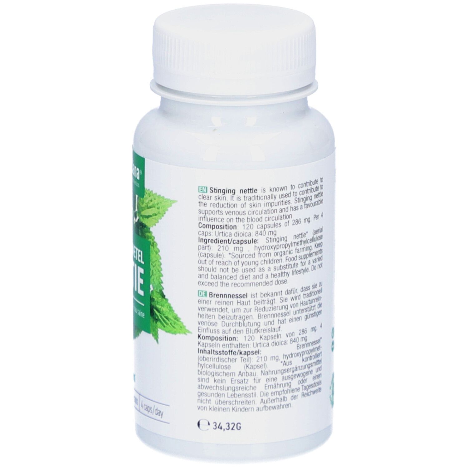 Rückseite der Flasche mit Produktinformationen. Text in Englisch und Französisch. Bio-Siegel und Vegan-Siegel.
