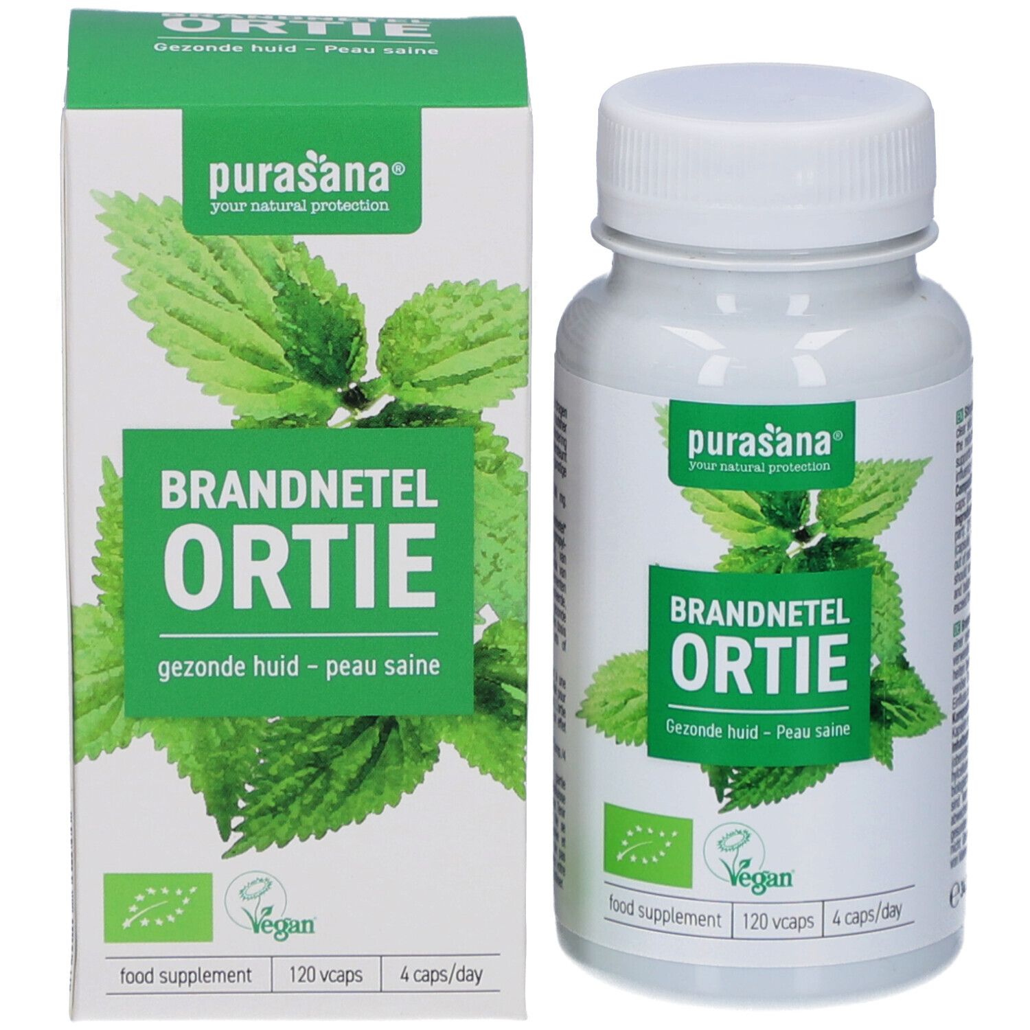 Produktverpackung und Flasche. Aufschrift: Brandnetel Ortie, Gezonde huid - Peau saine. Vegan-Siegel. Grün-weiße Verpackung.