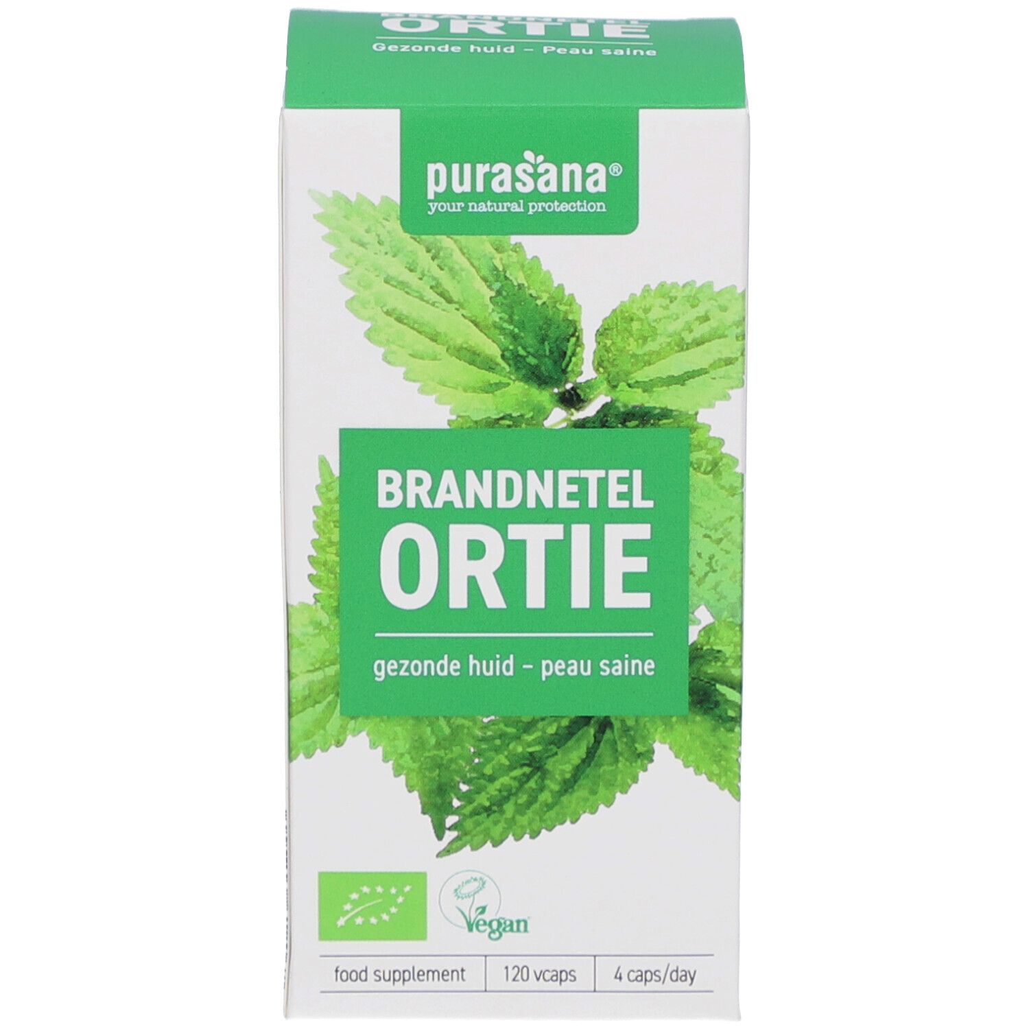 Grün-weiße Produktverpackung. Aufschrift: Brandnetel Ortie, Gezonde huid - Peau saine. Vegan-Siegel.