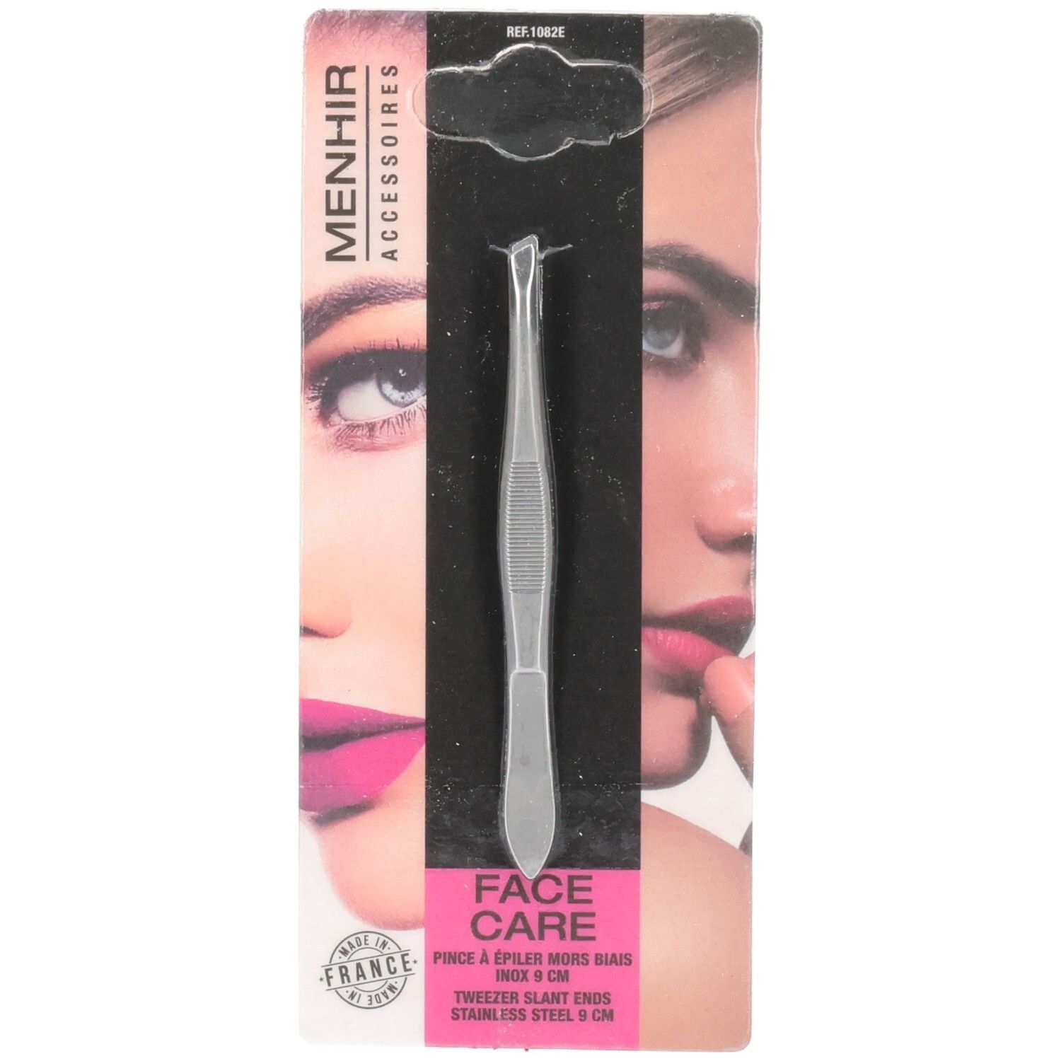 Schräge Pinzette aus Edelstahl, 9 cm, in Verpackung. Marke Menhir Accessoires. Gesichtspflege.