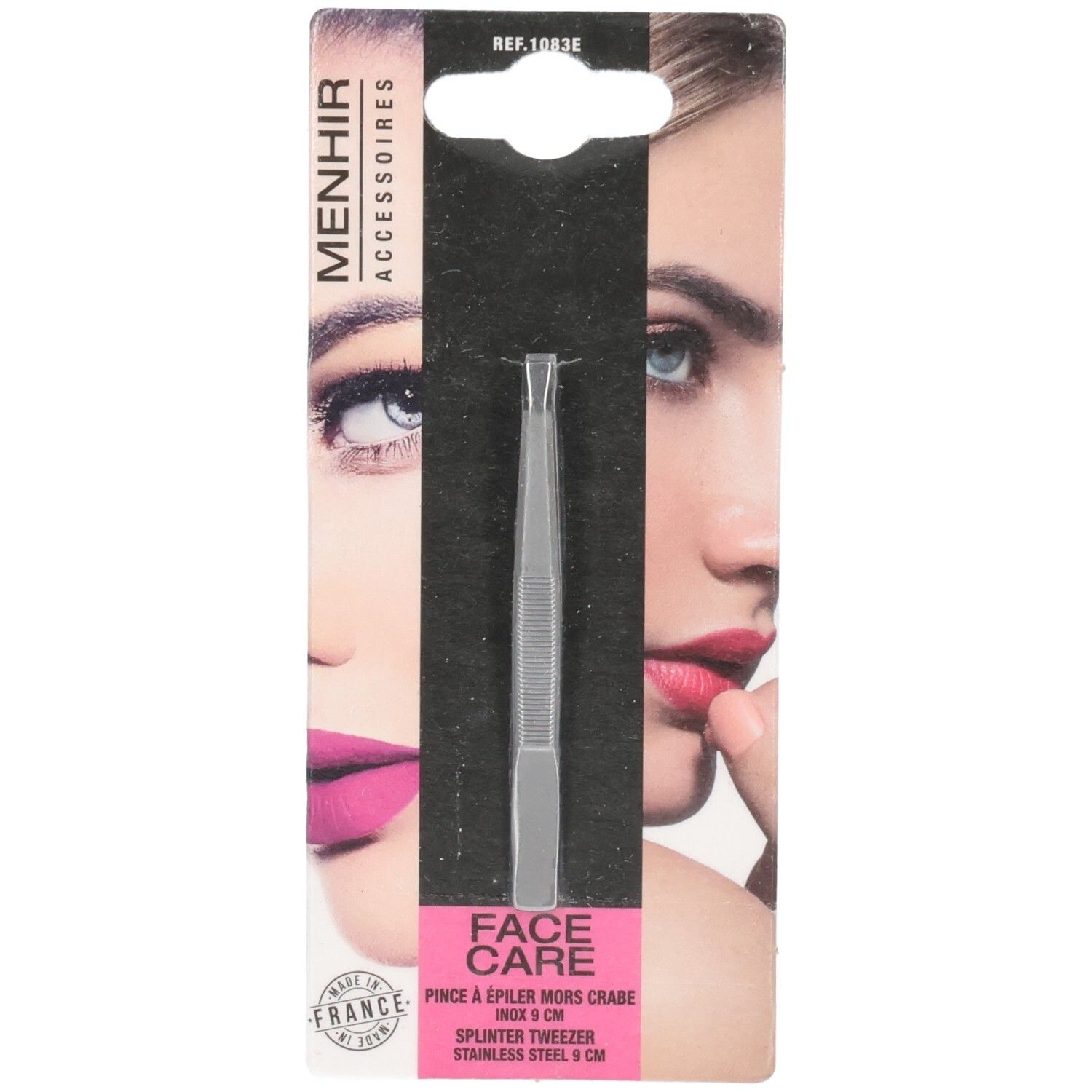 Pinzette aus Edelstahl, 9 cm, in Verpackung. Marke Menhir Accessoires. Gesichtspflege-Produkt.
