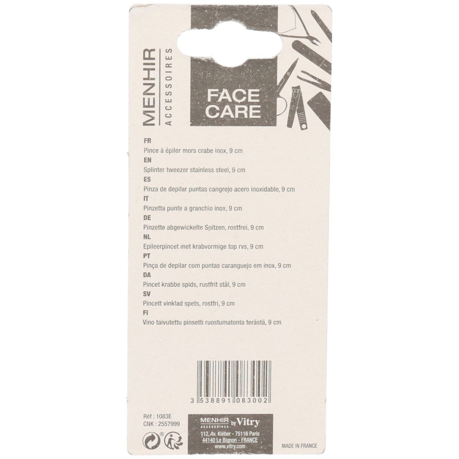 Rückseite der Verpackung mit Produktinformationen. Marke Menhir Accessoires. 9 cm Pinzette.