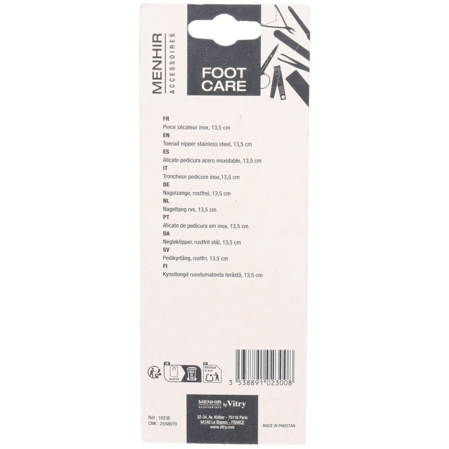 Rückseite der Blisterkarte. Menhir Accessoires. Fußpflege. Produktinformationen und Barcode.