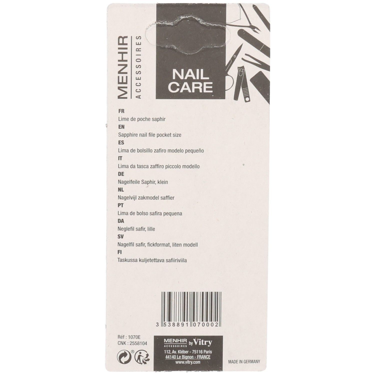 Rückseite der Verpackung. Text: Nail Care, Menhir Accessoires. Mehrsprachige Produktbeschreibungen. Barcode und Herstellerinformationen.