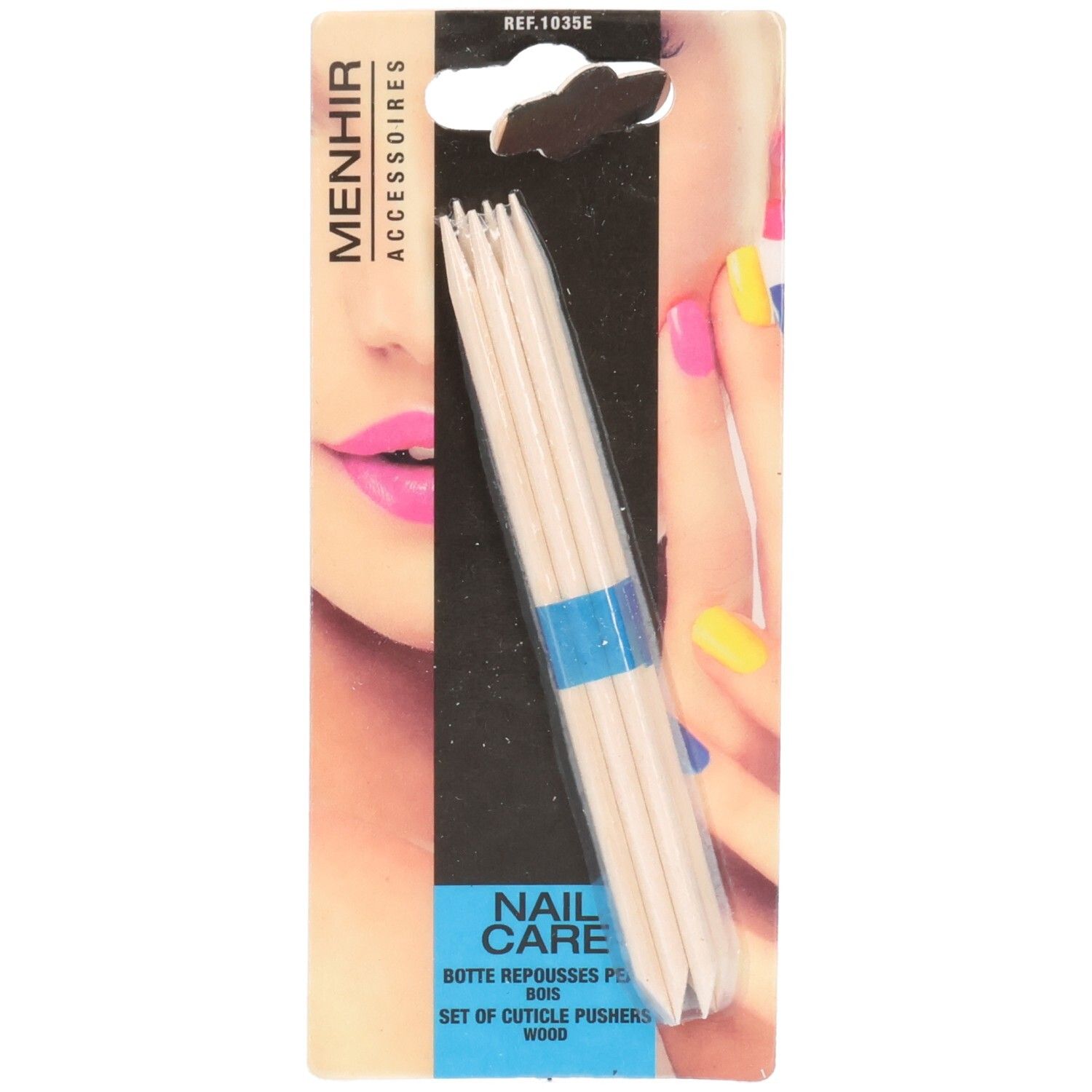 Holz-Nagelhautschieber-Set. Mehrere Stifte, blaues Band. Verpackung mit Produktname und Logo.