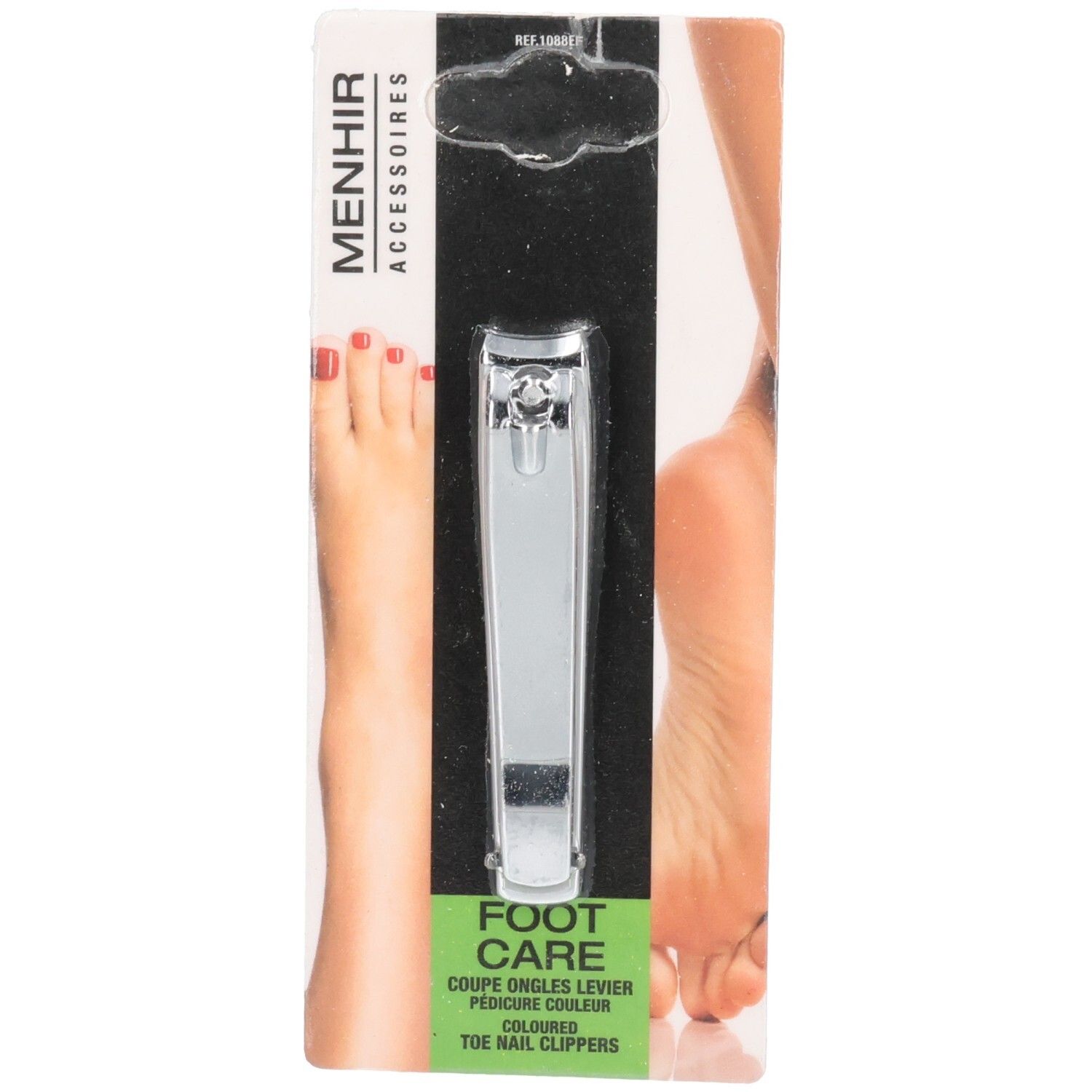 Nagelknipser für die Fußpflege, verpackt. Silberfarbenes Metall, mit Fußabbildung. Aufschrift: Menhir Accessoires Foot Care.