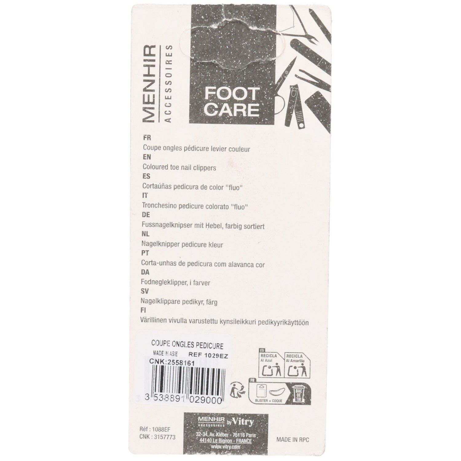 Rückseite der Verpackung. Text in mehreren Sprachen. Illustrationen von Fußpflege-Werkzeugen. Marke: Menhir Accessoires Foot Care.
