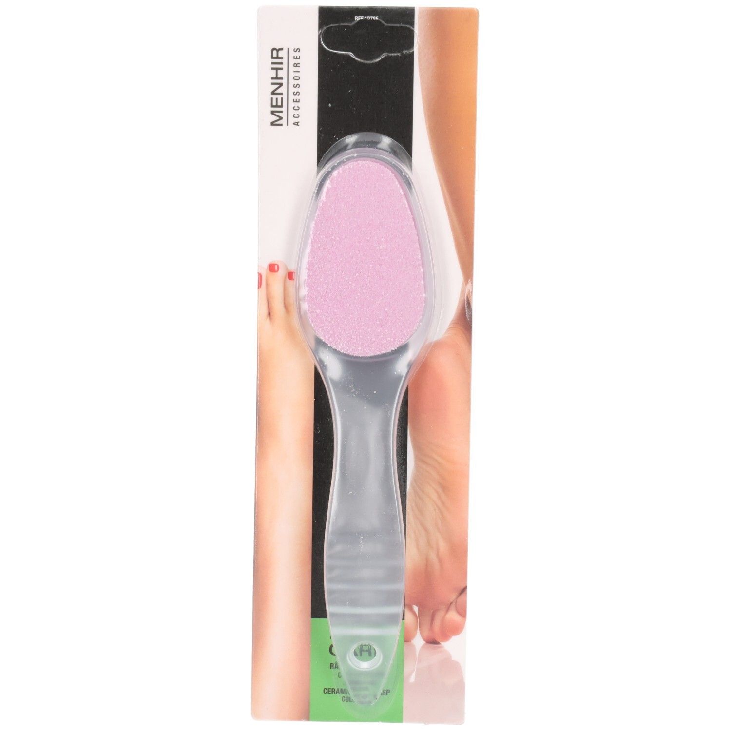Fußraspel mit Griff, rosa Keramikoberfläche. Menhir Accessoires. Produktverpackung mit Fußabbildung.