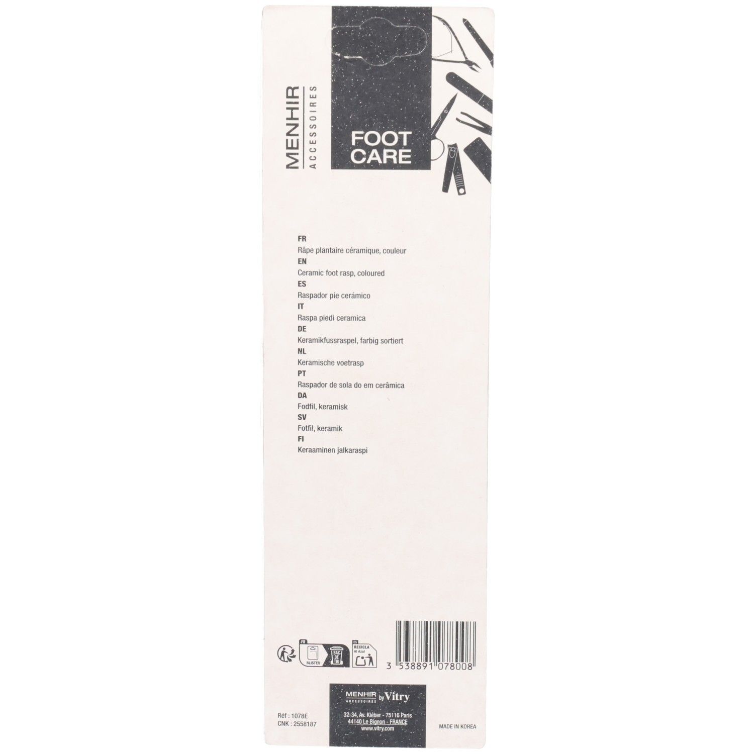 Produktverpackung, weiß mit Text: Menhir Accessoires, Foot Care. Enthält Produktbeschreibungen in mehreren Sprachen.