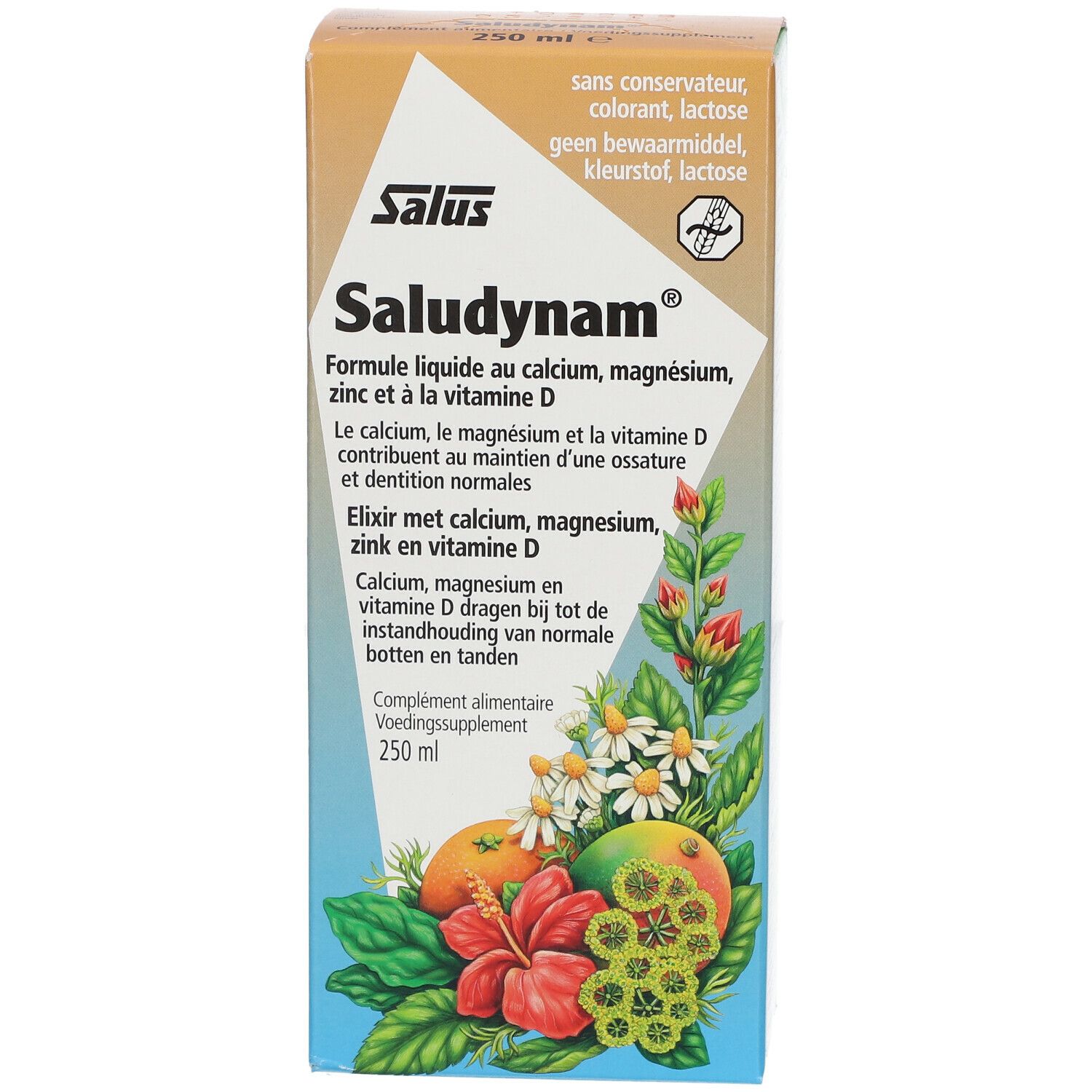 Emballage Salus Saludynam®. Vue de face avec nom du produit, ingrédients et illustrations florales. 250 ml.