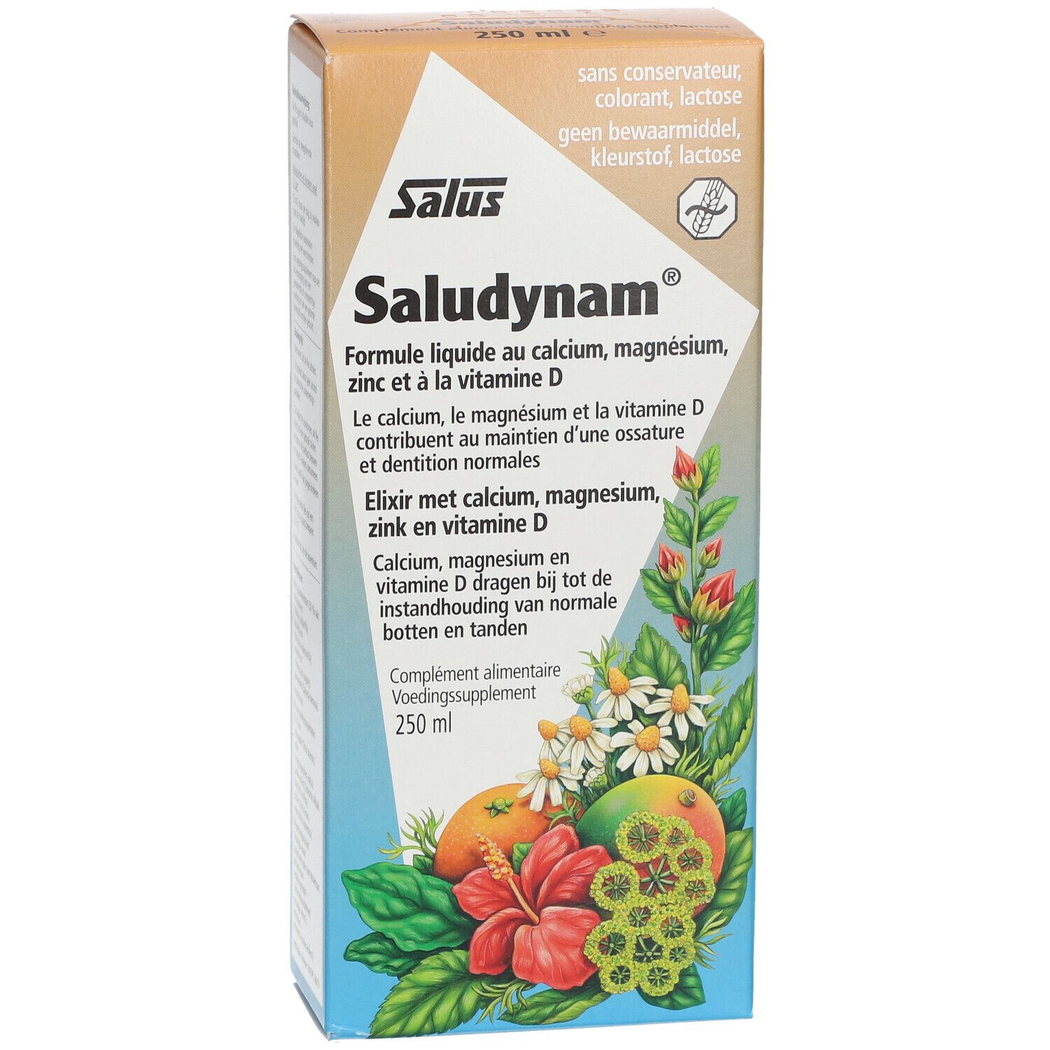 Emballage Salus Saludynam®. Vue de face avec nom du produit, ingrédients et illustrations florales. 250 ml.
