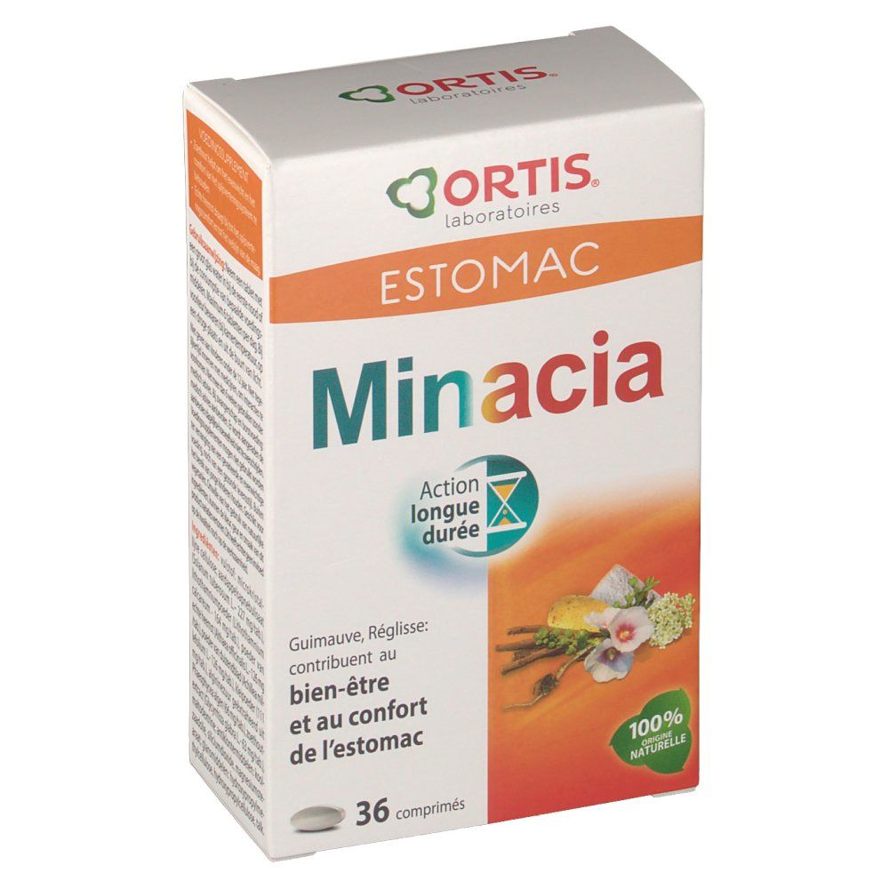 Ortis Minacia Packung mit 36 Tabletten. Aufschrift: Estomac, Minacia, Action longue durée. 100% naturelle.
