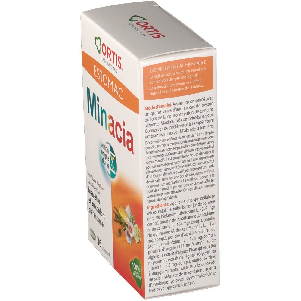 Ortis Minacia Packung, Rückseite. Text: complément alimentaire. Inhaltsstoffe. 36 Tabletten. 100% naturelle.