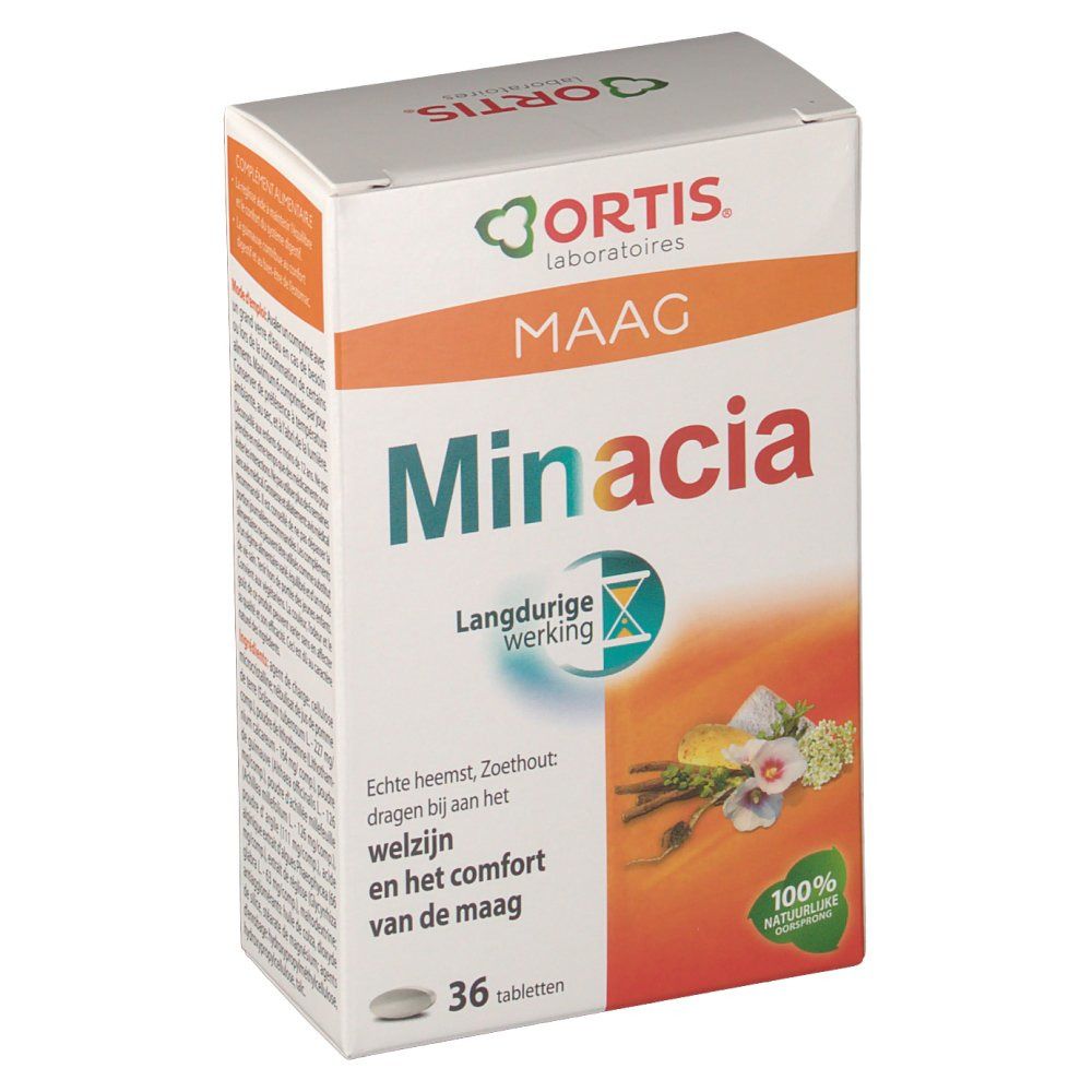 Ortis Minacia Packung mit 36 Tabletten. Aufschrift: Maag, Minacia, Langdurige werking. 100% naturelle.