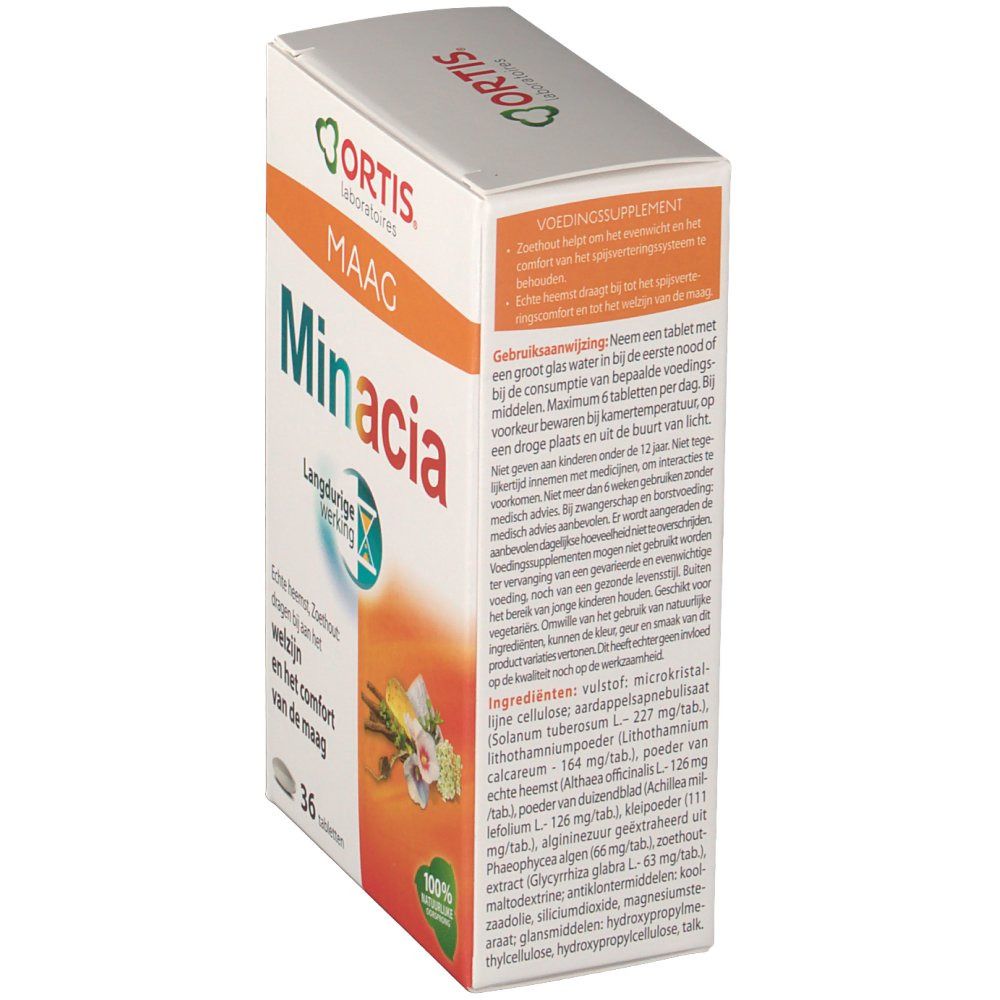 Ortis Minacia Packung, Rückseite. Text: voedingssupplement. Inhaltsstoffe. 36 Tabletten. 100% naturelle.