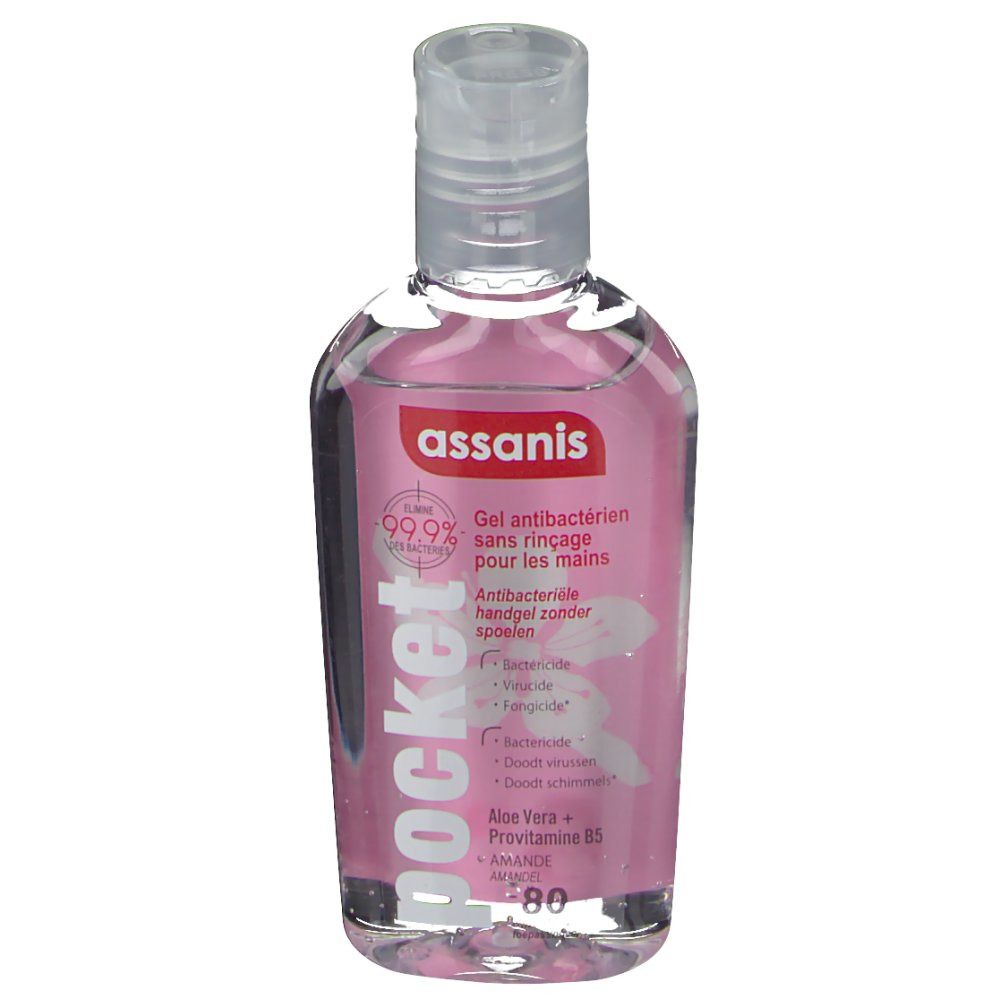 Flacon transparent avec liquide rose. Inscriptions: assanis, pocket, Gel antibactérien, 99,9%.