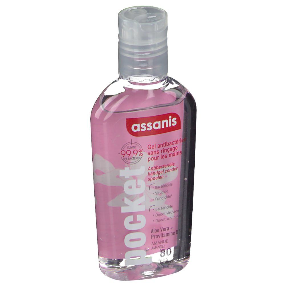 Flacon transparent avec liquide rose. Inscriptions: assanis, pocket, Gel antibactérien, 99,9%.