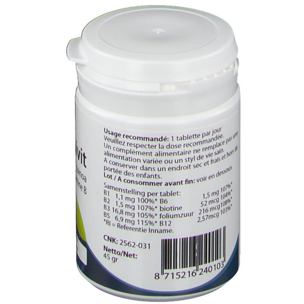 Boîte blanche de comprimés avec étiquette. Contient des informations sur les ingrédients et les valeurs nutritionnelles. Marque Springfield.