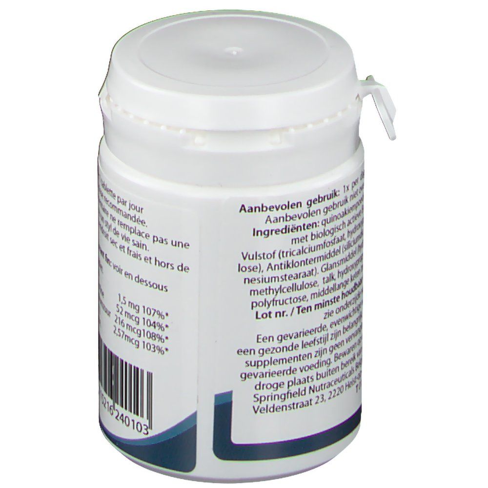 Boîte blanche de comprimés avec étiquette. Contient des informations sur les ingrédients et le mode d'emploi. Marque Springfield.