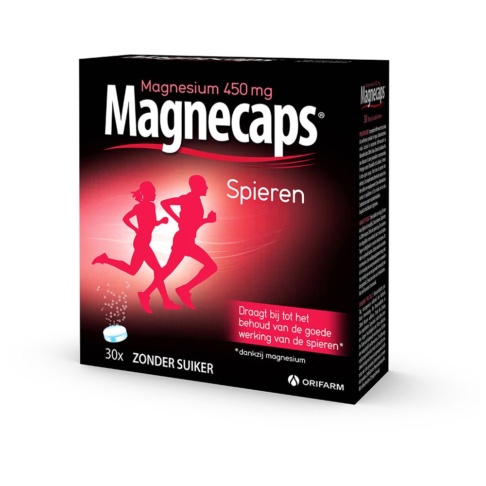 Schwarze Schachtel Magnecaps Spieren. Rote Silhouette von Läufern. 30 Tabletten, ohne Zucker. Text auf Niederländisch.