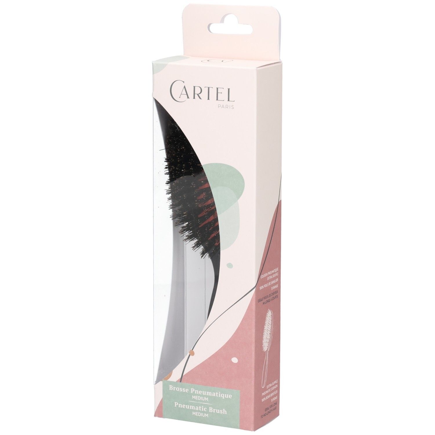 Verpackte pneumatische Haarbürste mit Naturborsten und ergonomischem Griff.