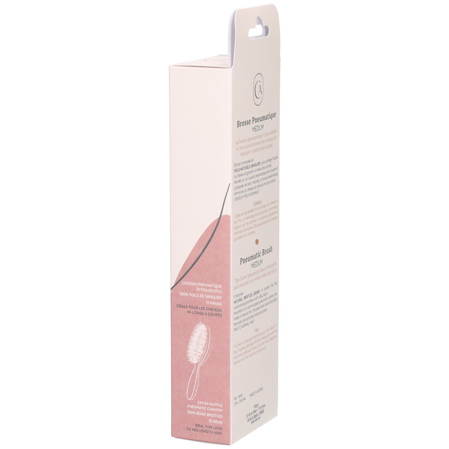 Emballage, côté avec texte: Brosse Pneumatique Medium. Description en français et anglais. Marque Cartel.