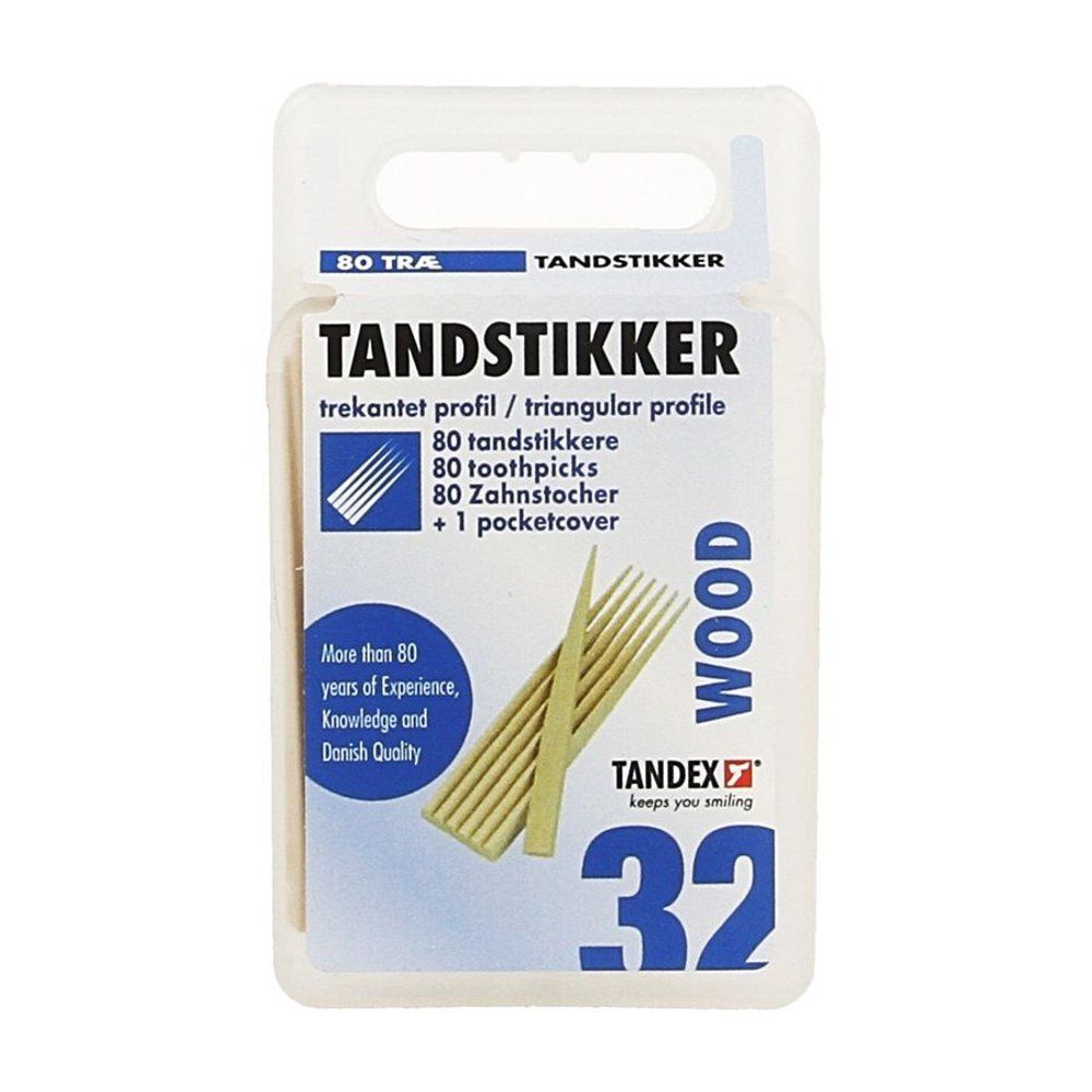 Emballage transparent avec cure-dents. Marque Tandex. Contient 80 pièces. Profil triangulaire. Avec un étui.