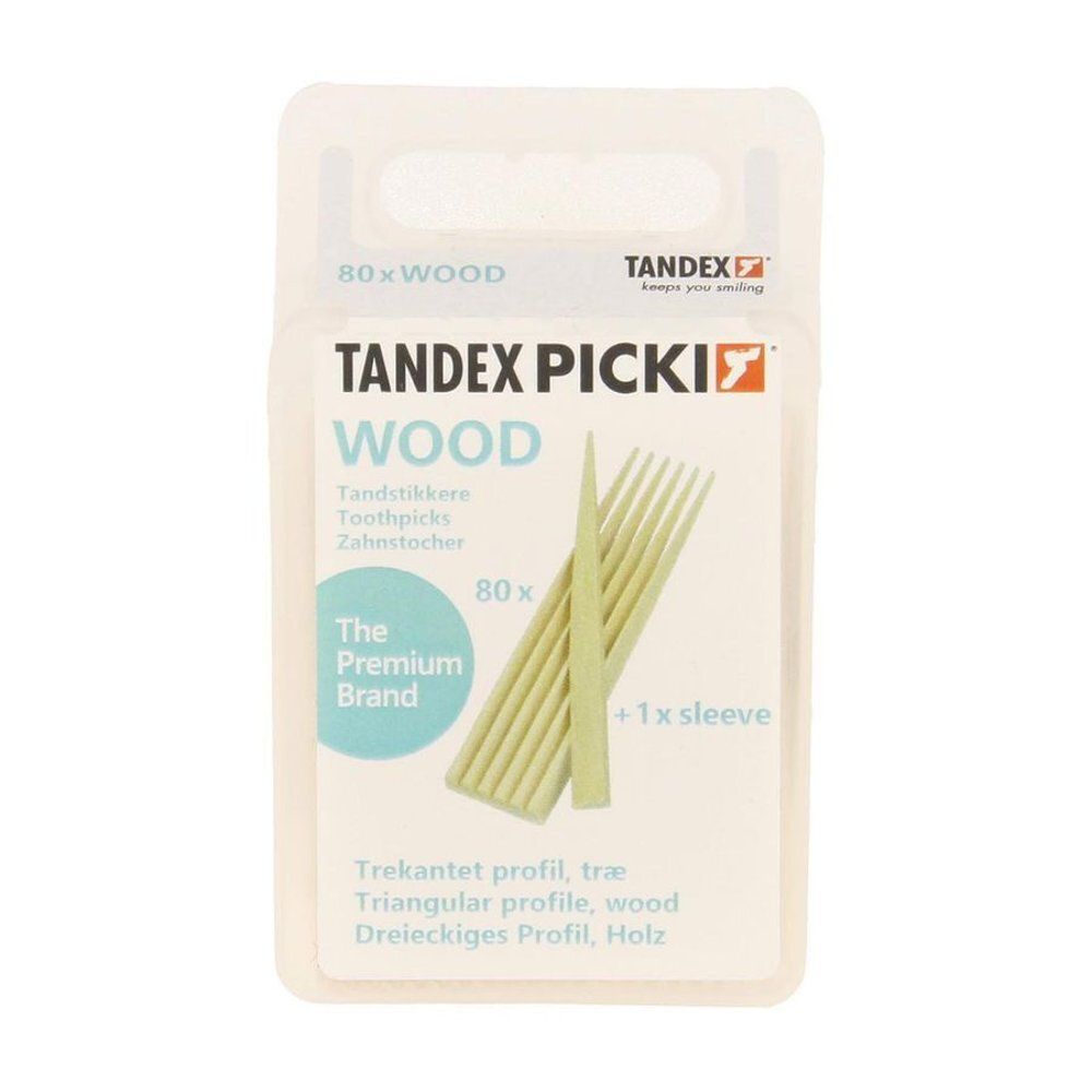 Emballage transparent avec cure-dents. Marque Tandex. Contient 80 pièces. Profil triangulaire. Avec un étui.