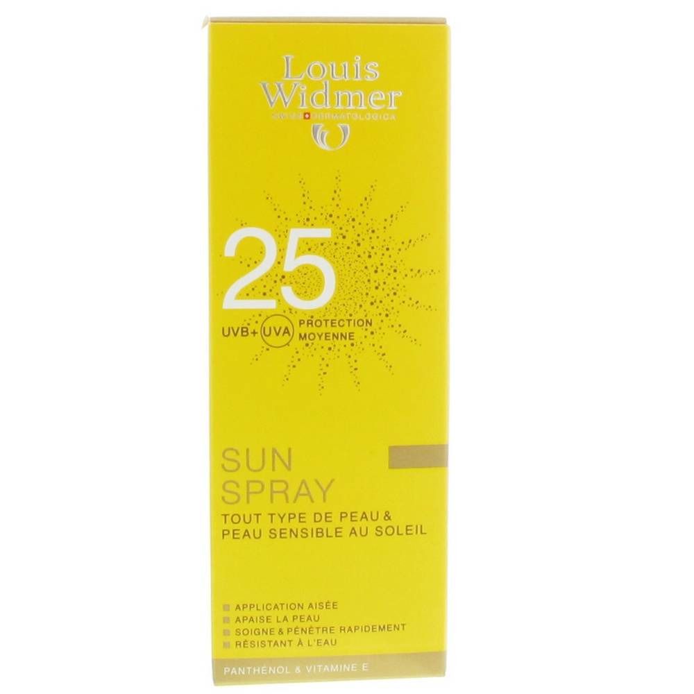 Emballage jaune avec informations produit. Inscription: Louis Widmer, 25, Sun Spray, UVB+UVA, pour peaux sensibles.
