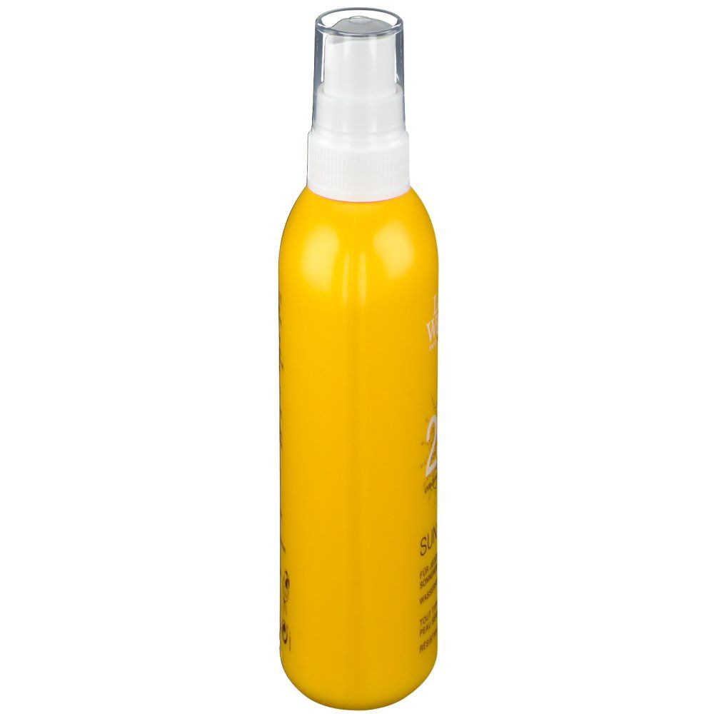 Flacon spray jaune, vue latérale. Inscriptions avec informations produit et coordonnées du fabricant.