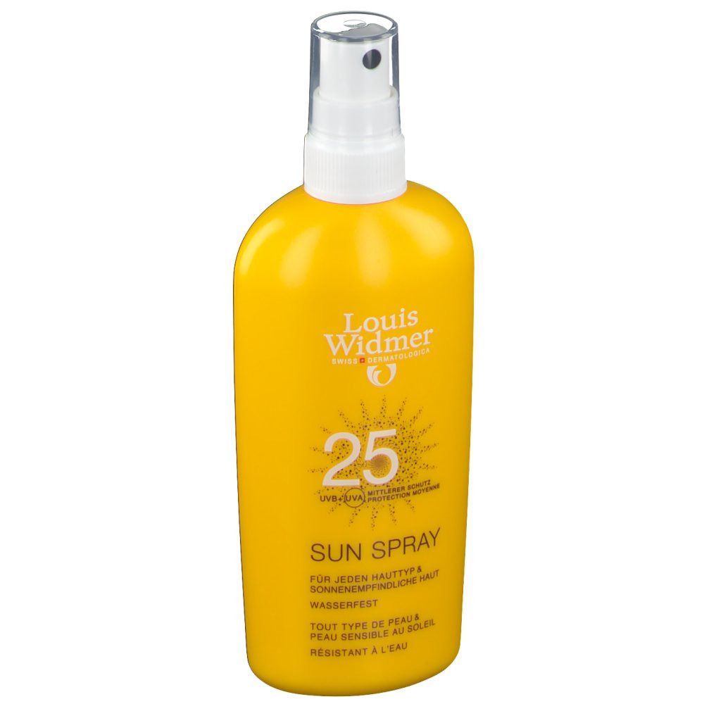 Flacon spray jaune avec tête de pulvérisation blanche. Inscription: Louis Widmer, 25, Sun Spray, UVB+UVA, pour tous types de peau.