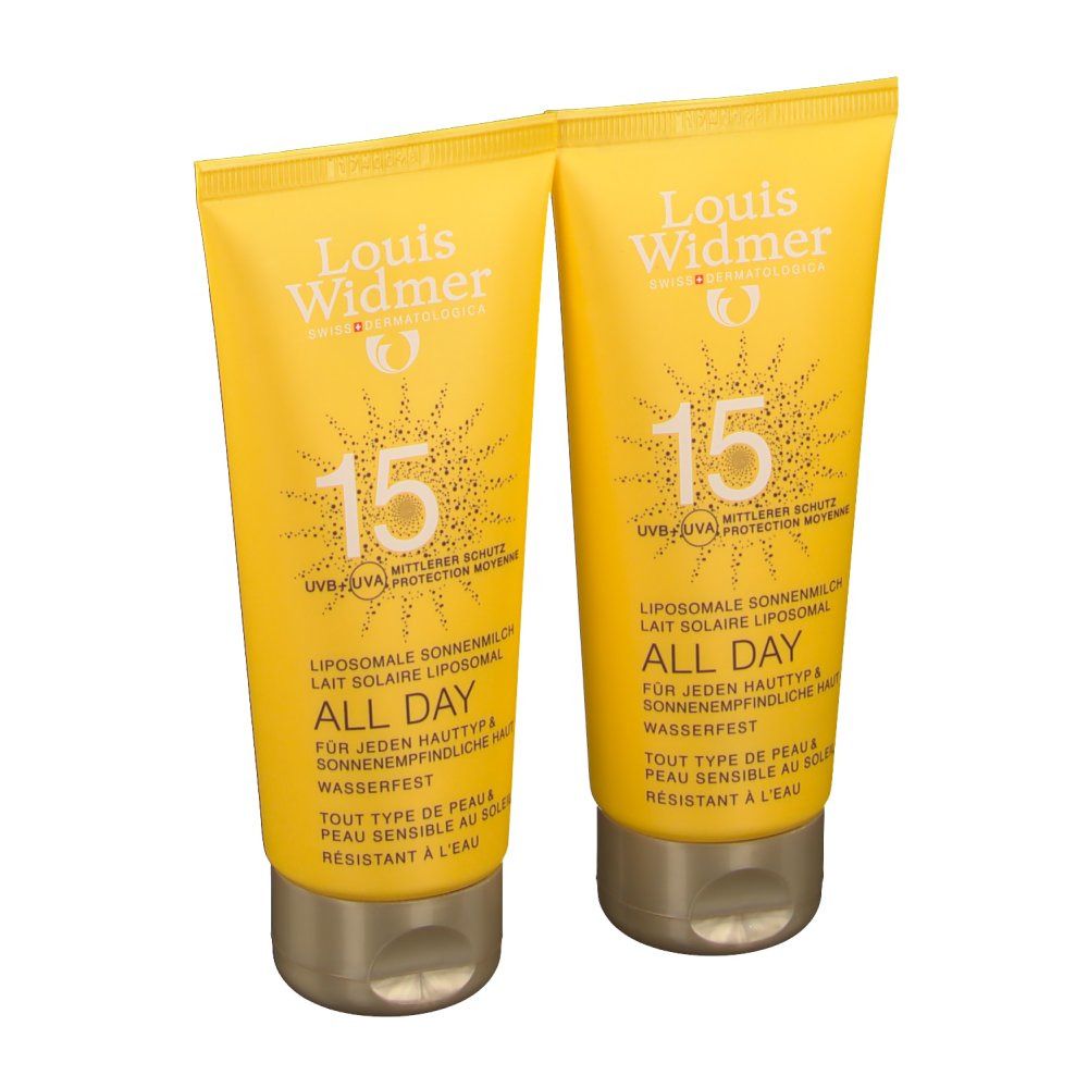 Zwei gelbe Tuben mit goldfarbenen Verschlüssen. Aufdruck: Louis Widmer, 15, All Day.