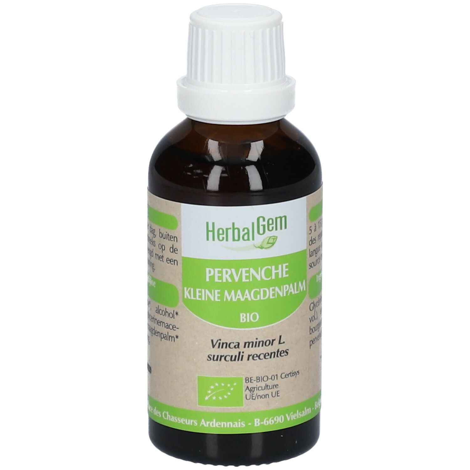 Braune Glasflasche mit weißem Deckel. Etikett mit Produktnamen und Bio-Siegel. HerbalGem Pervenche Bio.