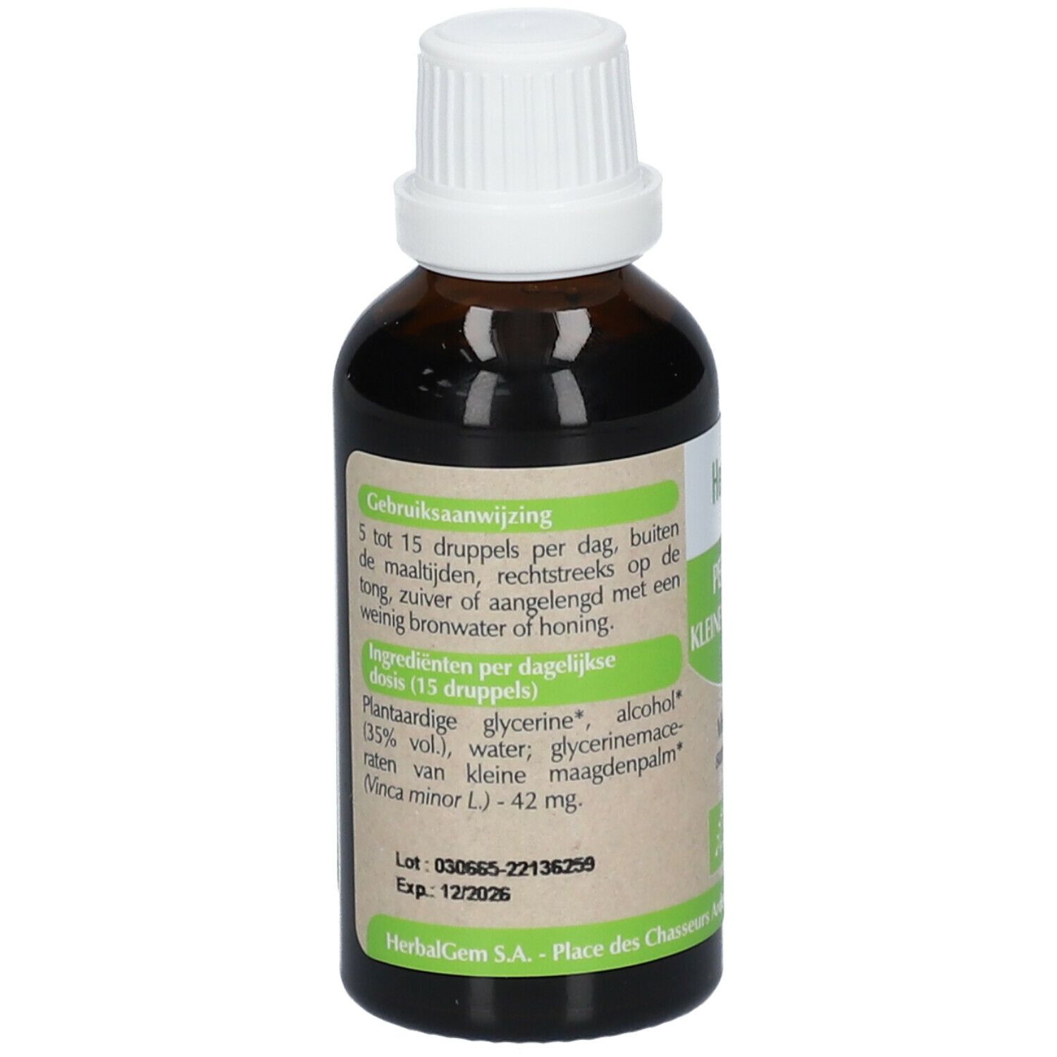 Braune Glasflasche mit weißem Deckel. Etikett mit Inhaltsstoffen und Dosierung. HerbalGem Pervenche Bio.