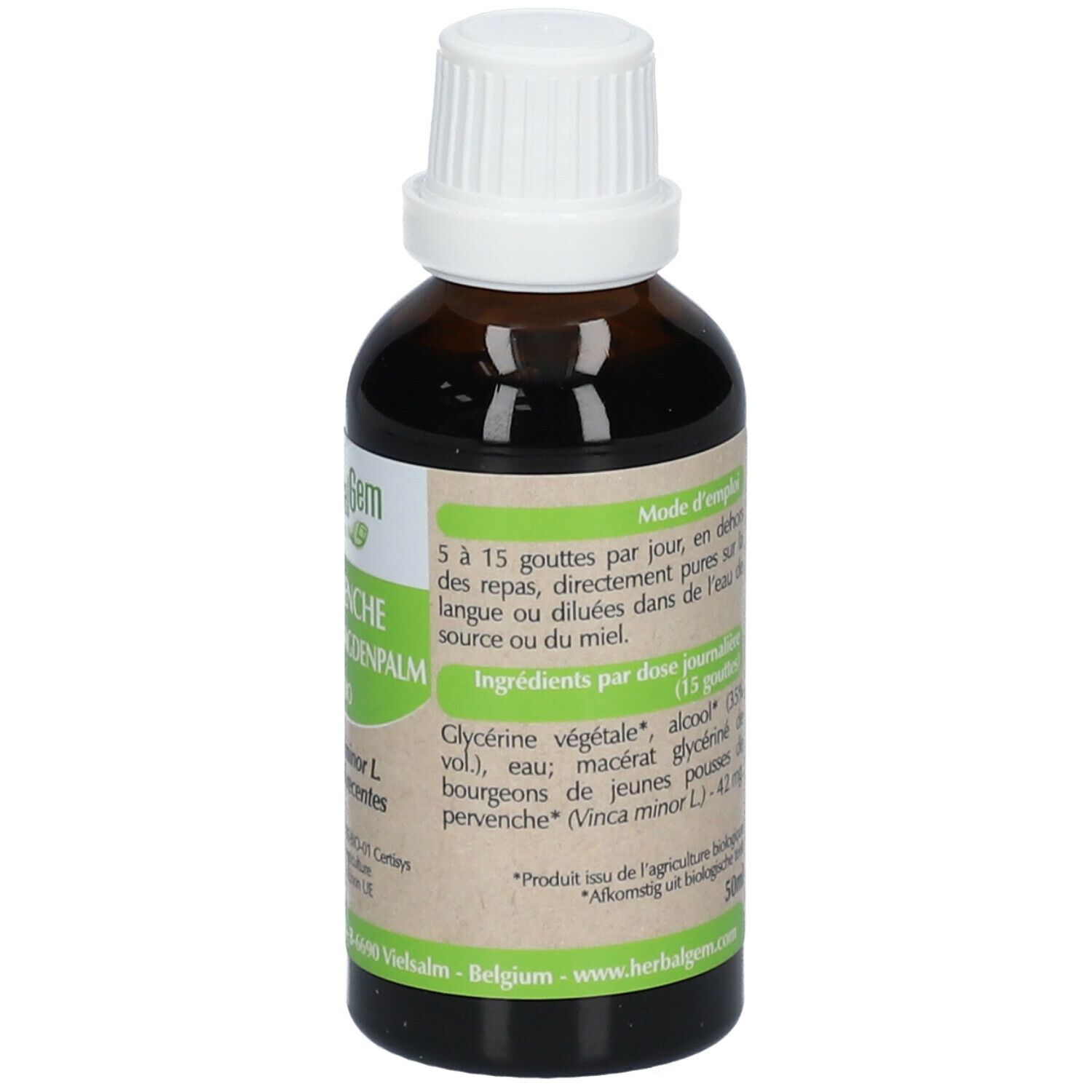 Braune Glasflasche mit weißem Deckel. Etikett mit Dosierungsanleitung. HerbalGem Pervenche Bio.