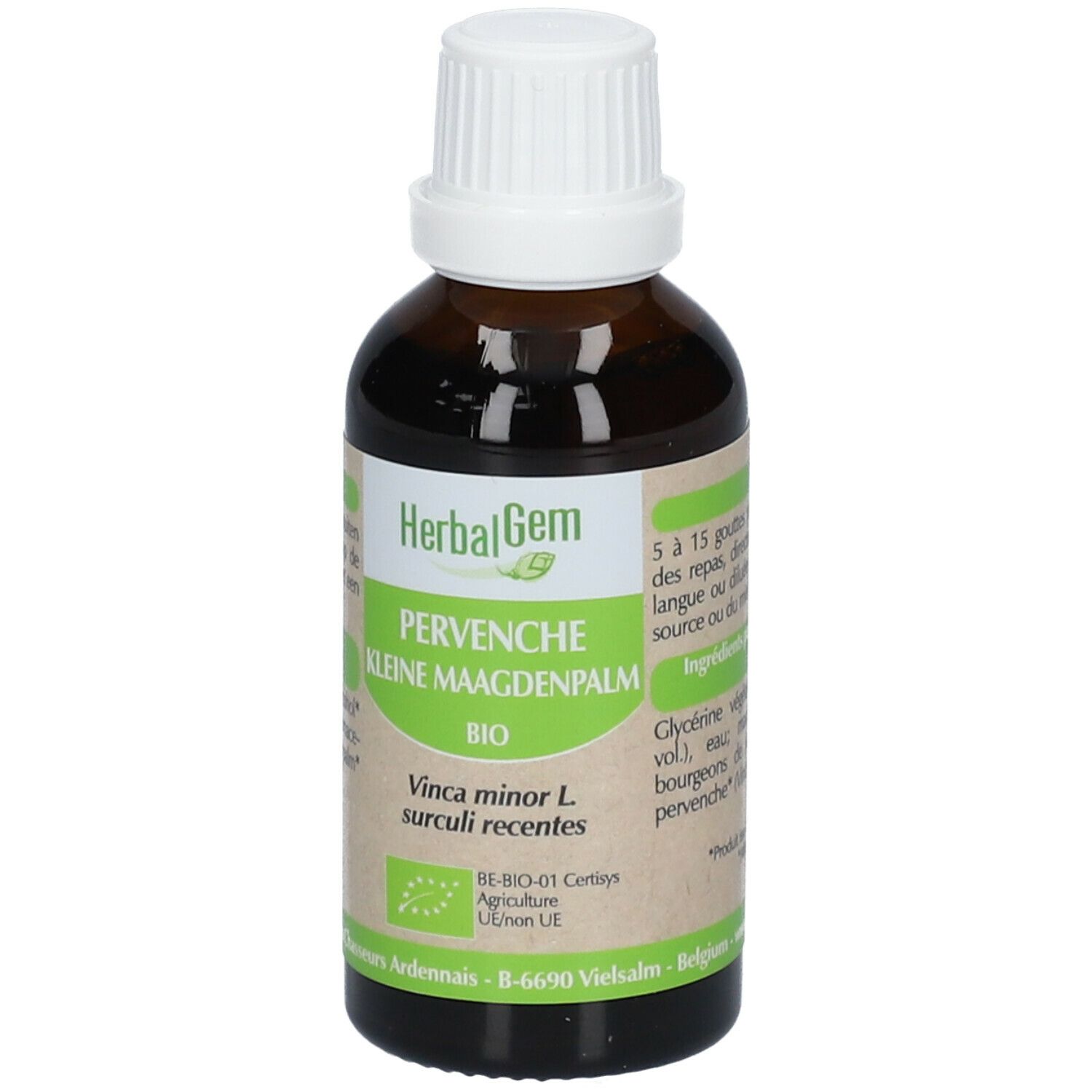 Braune Glasflasche mit weißem Deckel. Etikett mit Produktnamen und Bio-Siegel. HerbalGem Pervenche Bio.