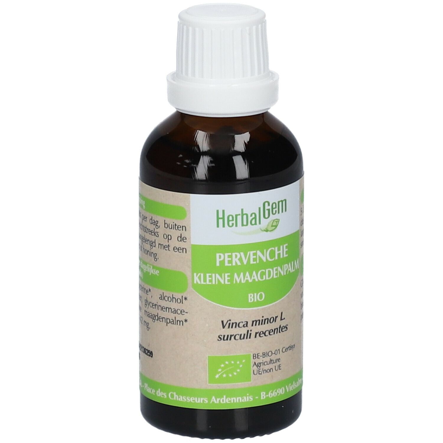 Braune Glasflasche mit weißem Deckel. Etikett mit Produktnamen und Bio-Siegel. HerbalGem Pervenche Bio.