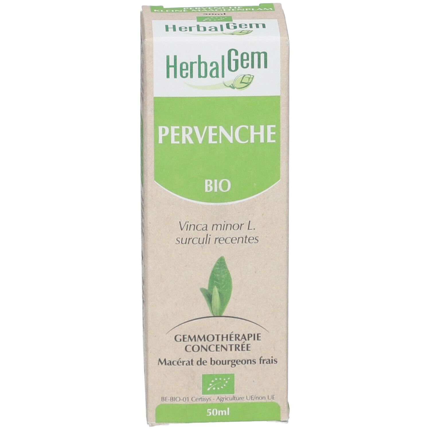 Produktverpackung. Karton mit Produktnamen und Logo. HerbalGem Pervenche Bio. Bio-Zertifizierung und Produktinformationen.