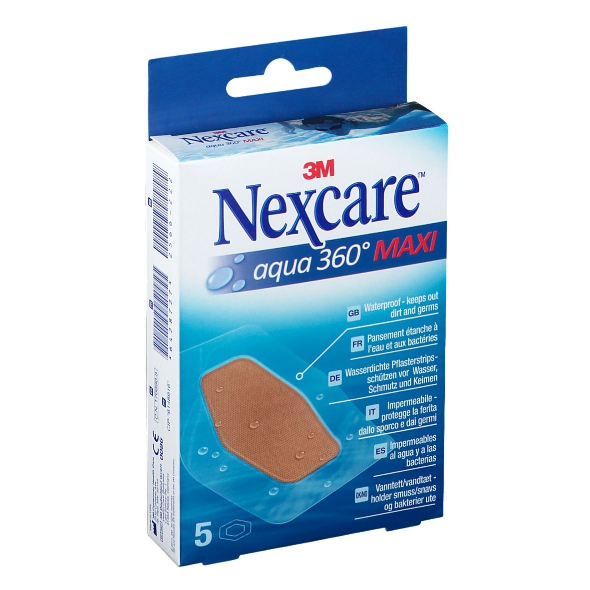 Verpackung Nexcare Aqua 360° MAXI. Enthält 5 Pflaster. Braunes Pflaster sichtbar. Blaue und weiße Verpackung mit Produktnamen und Logo.