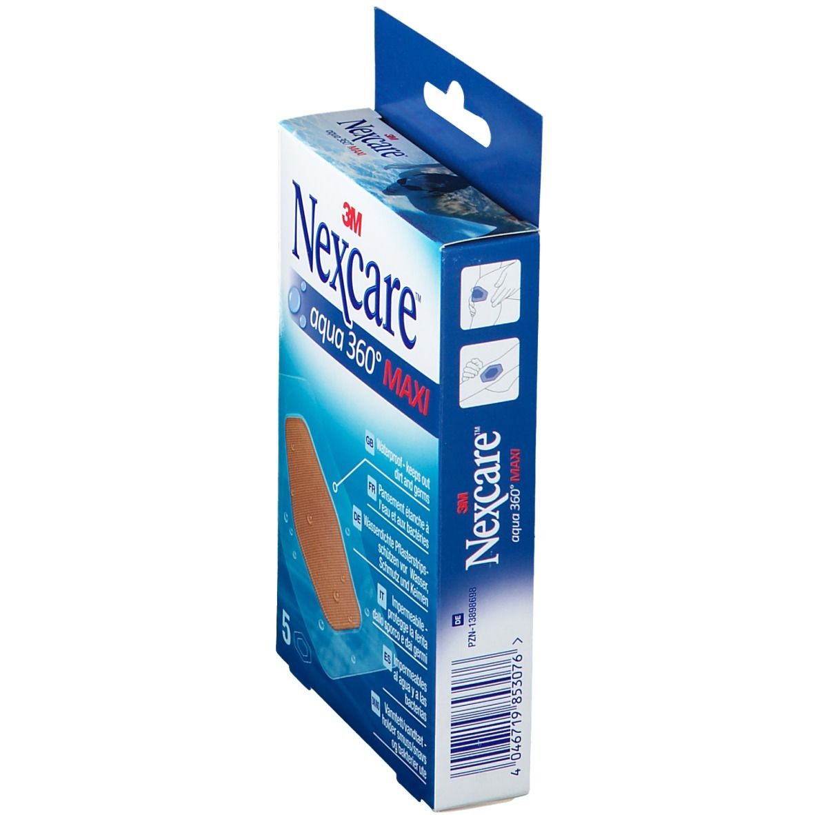 Seitenansicht der Nexcare Aqua 360° MAXI Verpackung. Braunes Pflaster sichtbar. Produktname und Logo auf blau-weißer Verpackung.