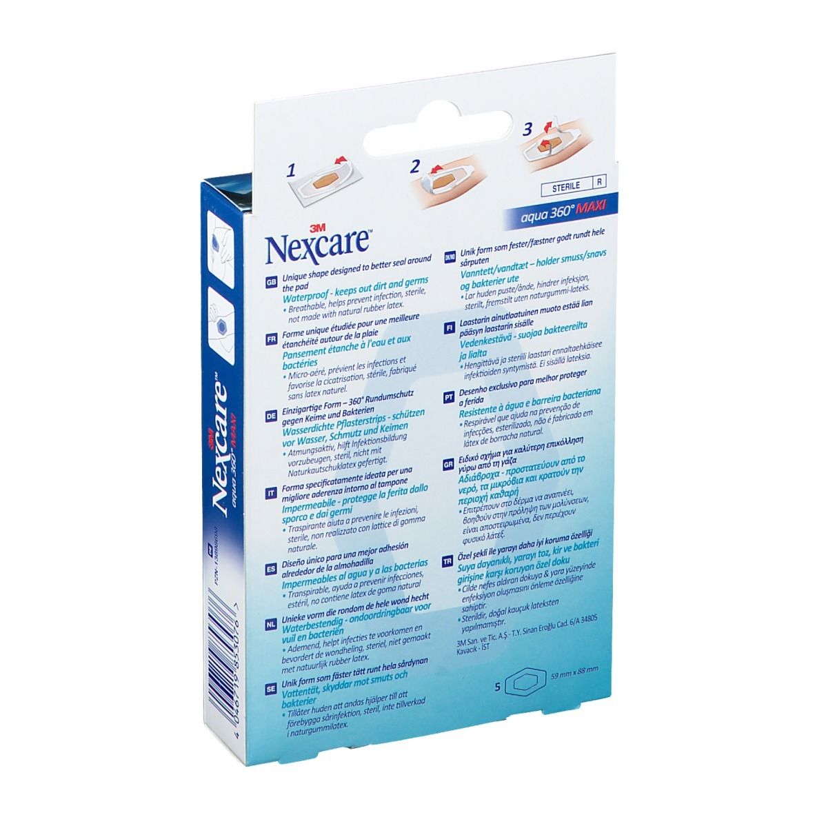 Rückseite der Nexcare Aqua 360° MAXI Verpackung. Produktinformationen und Anwendungsbeispiele in verschiedenen Sprachen.