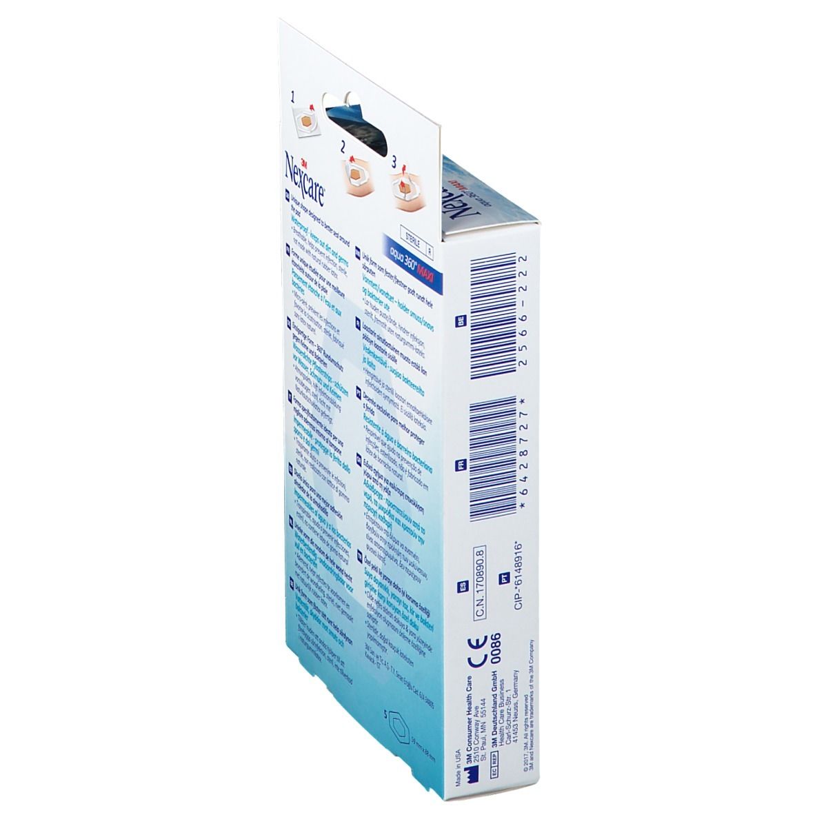 Seitenansicht der Nexcare Aqua 360° MAXI Verpackung. Barcode und Produktinformationen auf blau-weißer Verpackung.