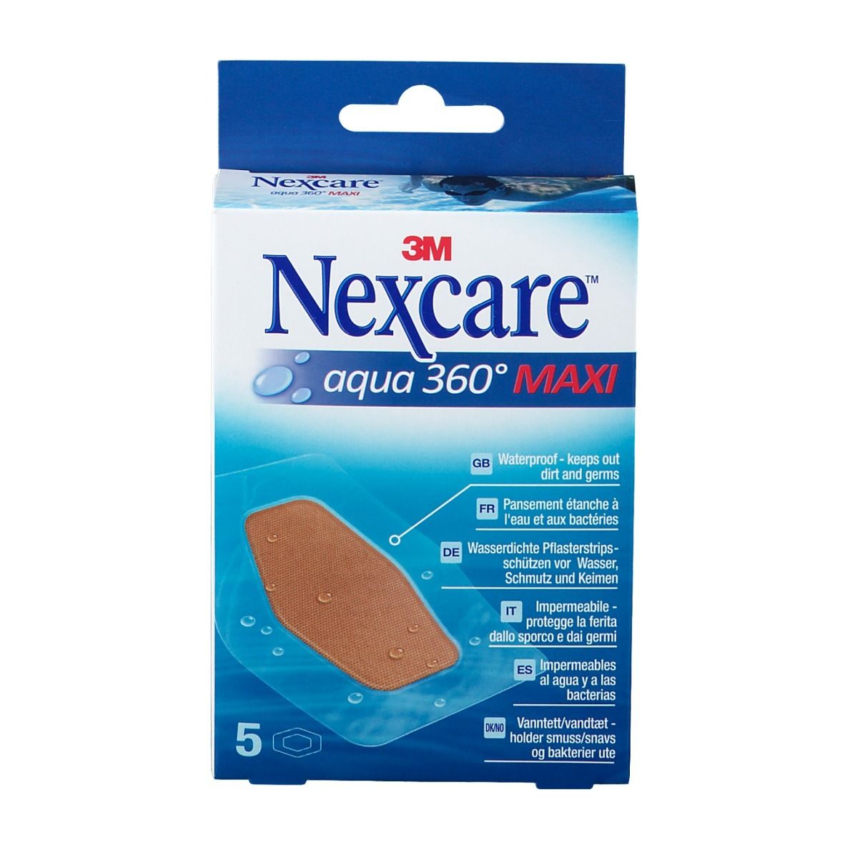 Nexcare Aqua 360° MAXI Verpackung mit einem Pflaster sichtbar. 5 Pflaster enthalten. Blaue und weiße Verpackung.