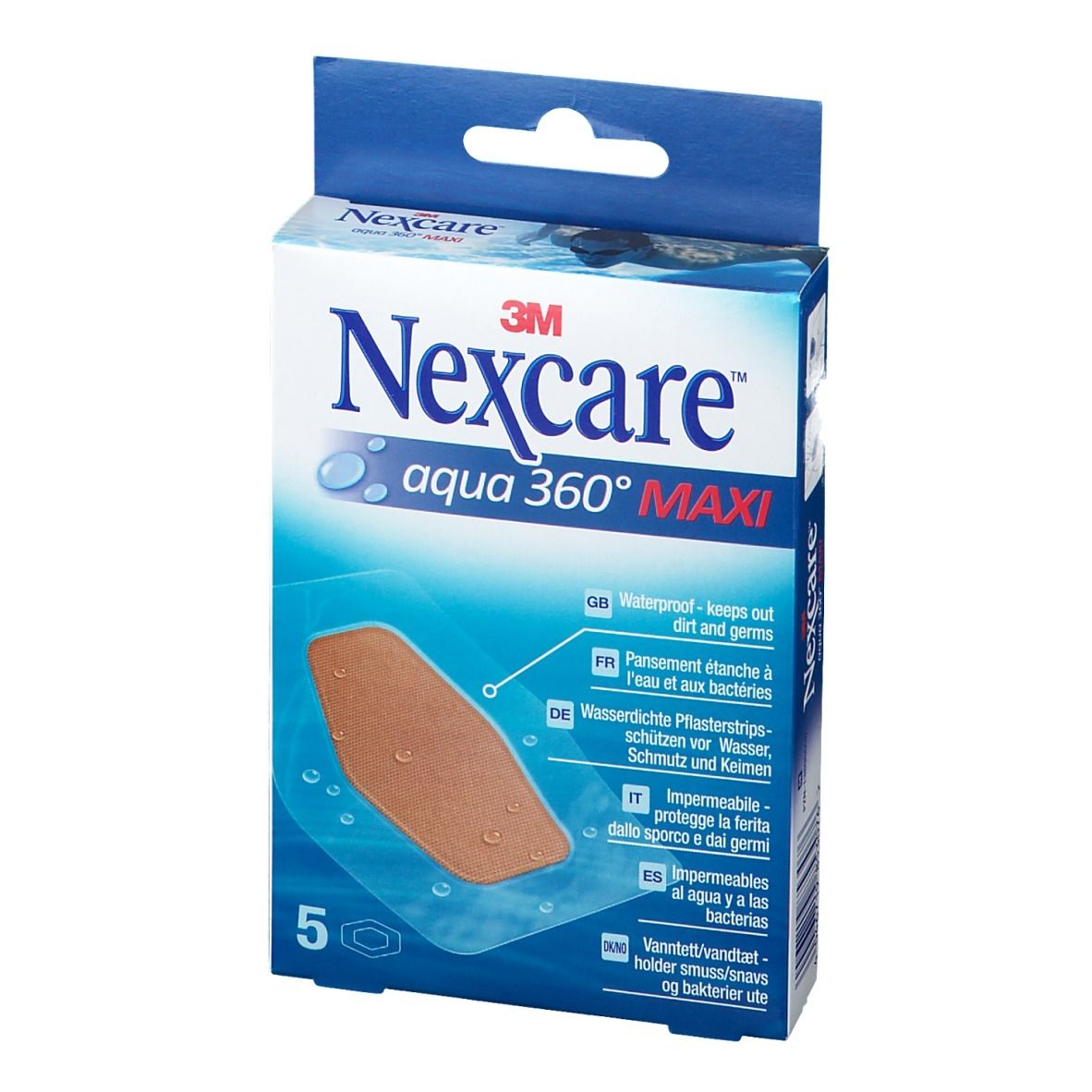Nexcare Aqua 360° MAXI Verpackung mit einem Pflaster sichtbar. 5 Pflaster enthalten. Blaue und weiße Verpackung.