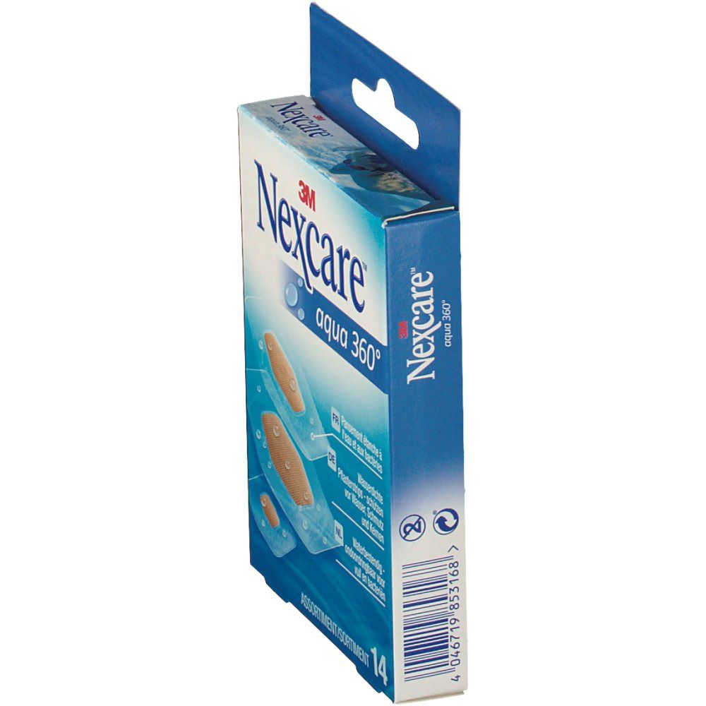 Verpackung mit Nexcare Aqua 360° Pflastern. Blaue und weiße Schachtel mit Produktnamen und Abbildung der Pflaster. 14 Stück.