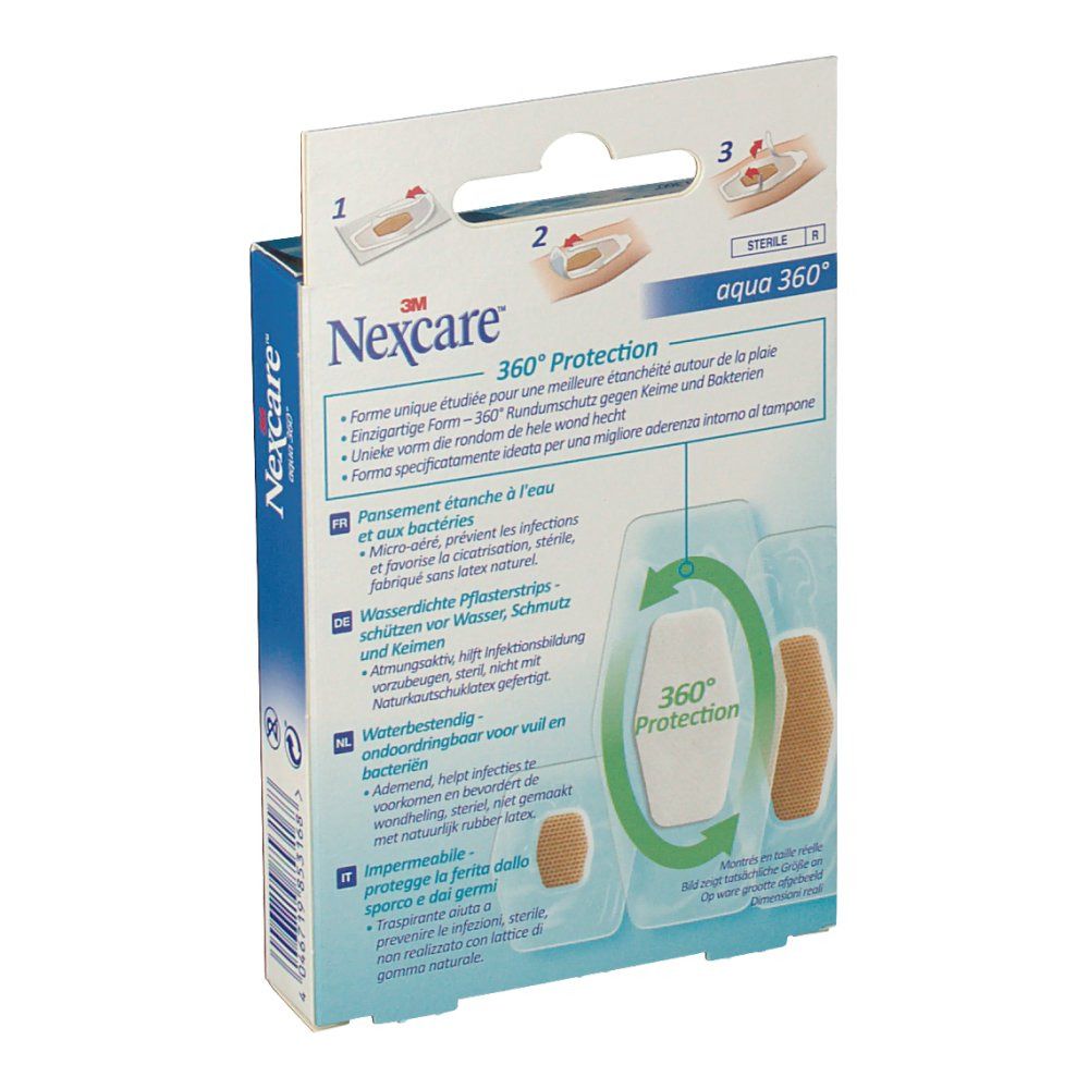 Rückseite der Nexcare Aqua 360° Pflaster-Verpackung. Produktinformationen in Deutsch, Französisch, Italienisch und Niederländisch. Illustrationen.