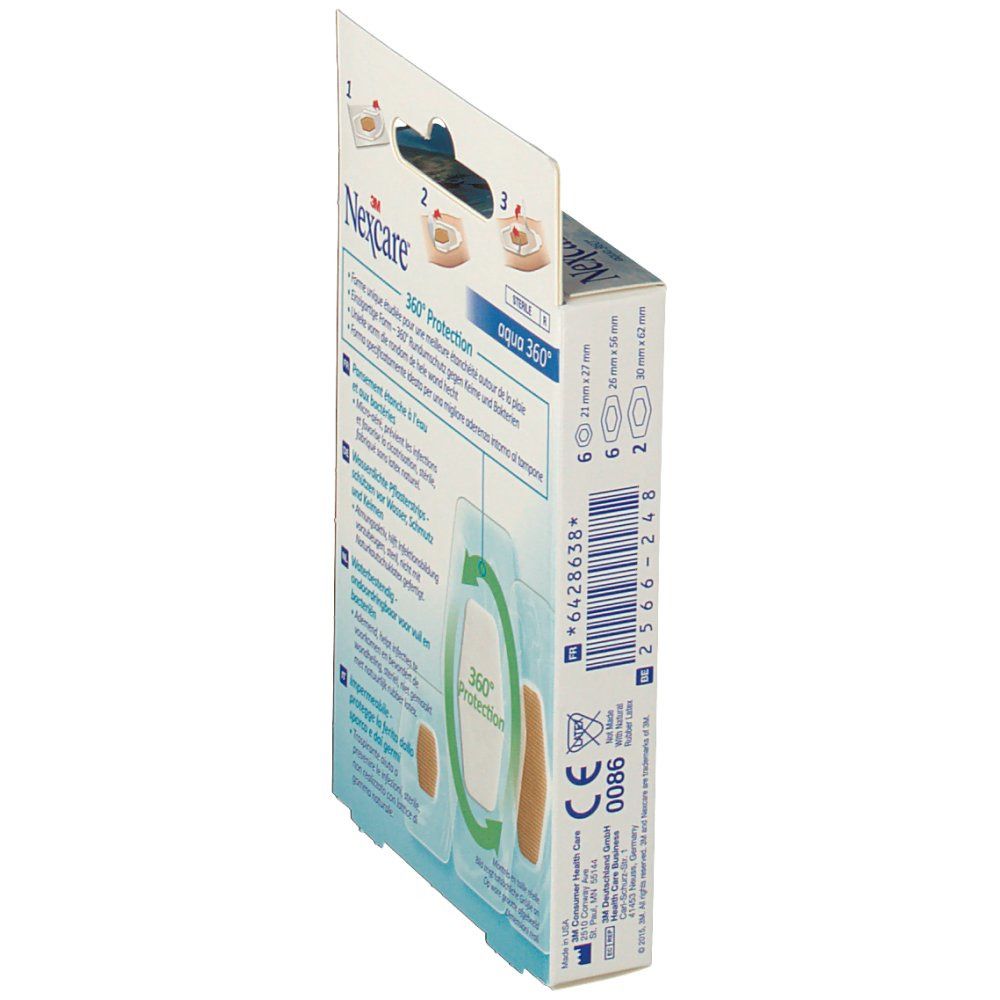 Seitenansicht der Nexcare Aqua 360° Pflaster-Verpackung. Produktname und Informationen. Abbildungen der Pflaster. CE-Kennzeichnung.