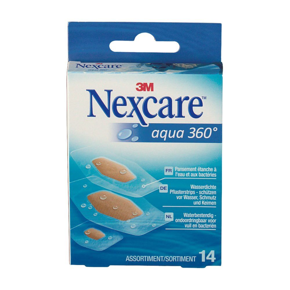 Vorderansicht der Nexcare Aqua 360° Pflaster-Verpackung. Produktname, Abbildung der Pflaster. 14 Stück. Informationen in mehreren Sprachen.