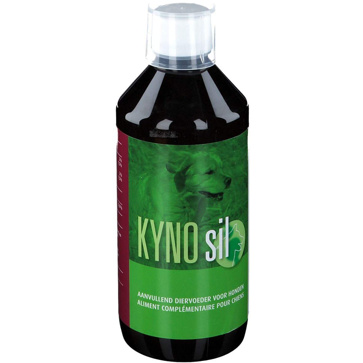 Braune Flüssigkeit in einer Flasche mit weißem Deckel. Auf dem Etikett steht "KYNO sil" und ein Hund.